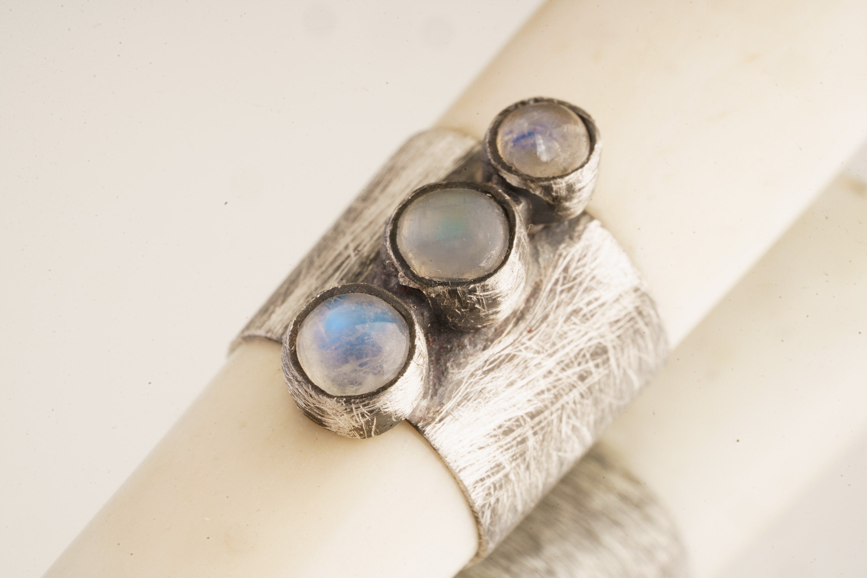 Mystic Harmony: Three Circular Blue Moonstones - Antique Bone Inhalation Tube