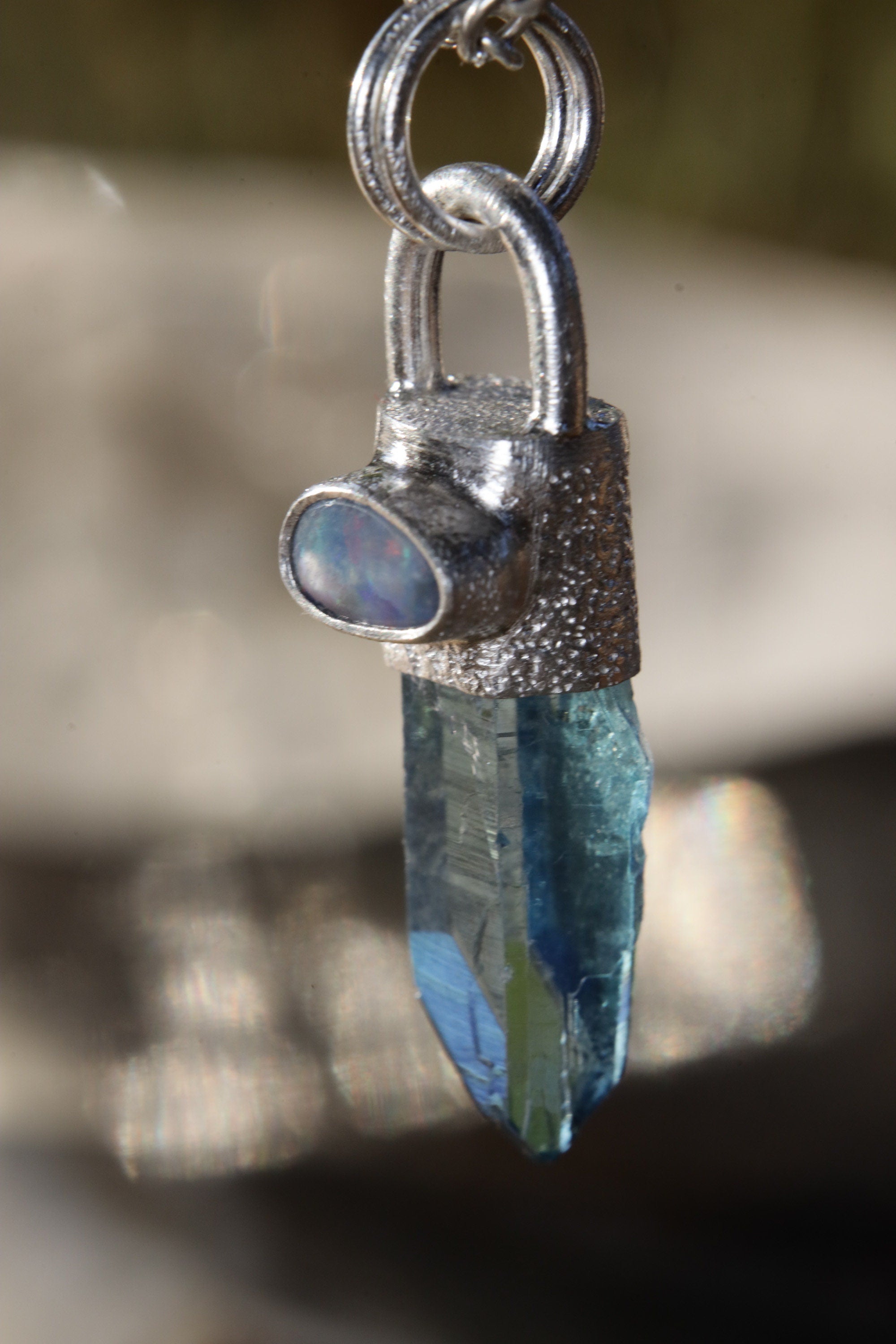 Aqua Luminescence: Aqua Aura Quartz & Australian Opal Doublet - High Shine Sterling Silver Crystal Pendant - NO/06