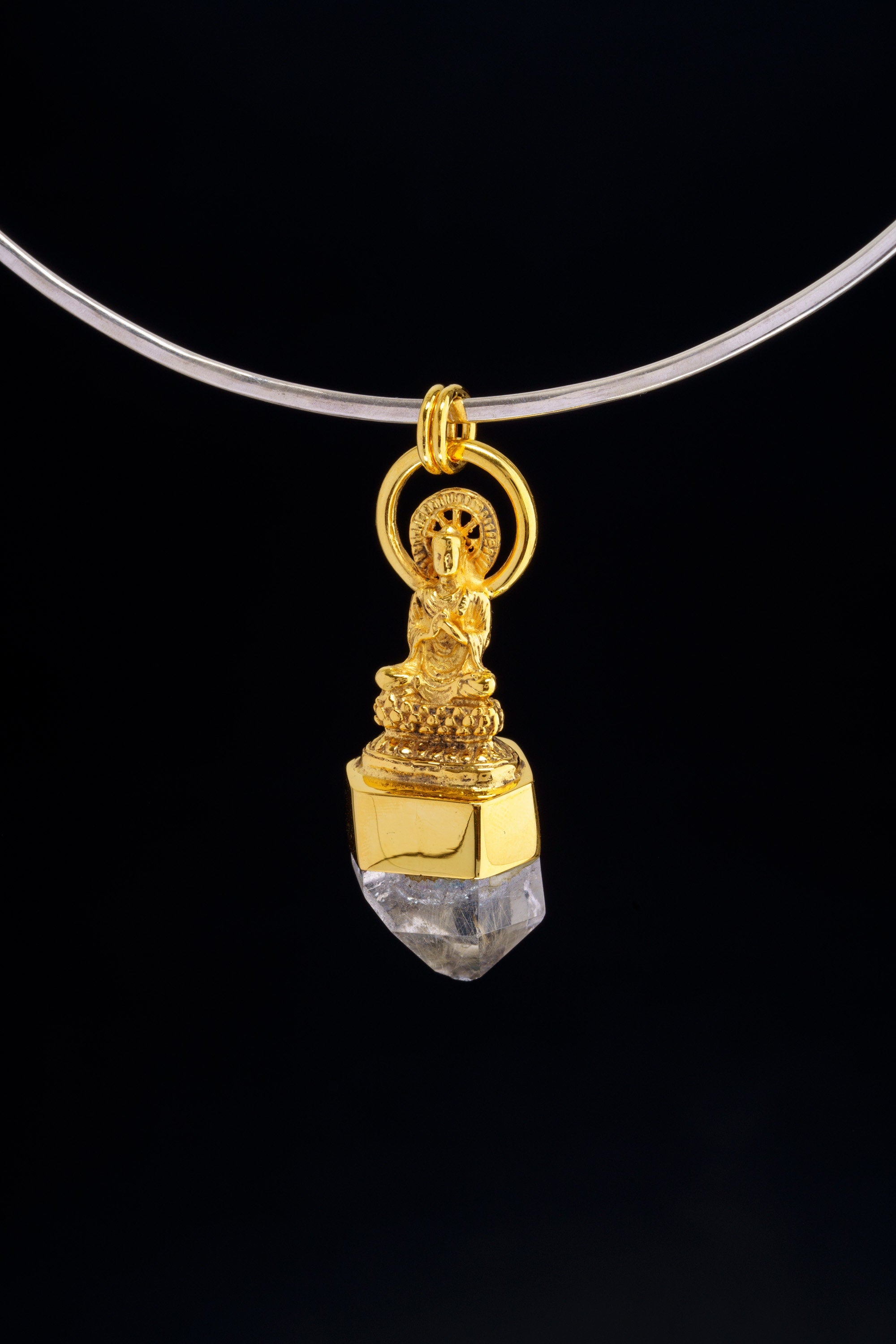 The Praying Buddha Pendant with Cut Inclusion Golden Rutile Quartz, Gold-Plated Sterling Silver Talisman, Leo Zodiac, Unique Gift