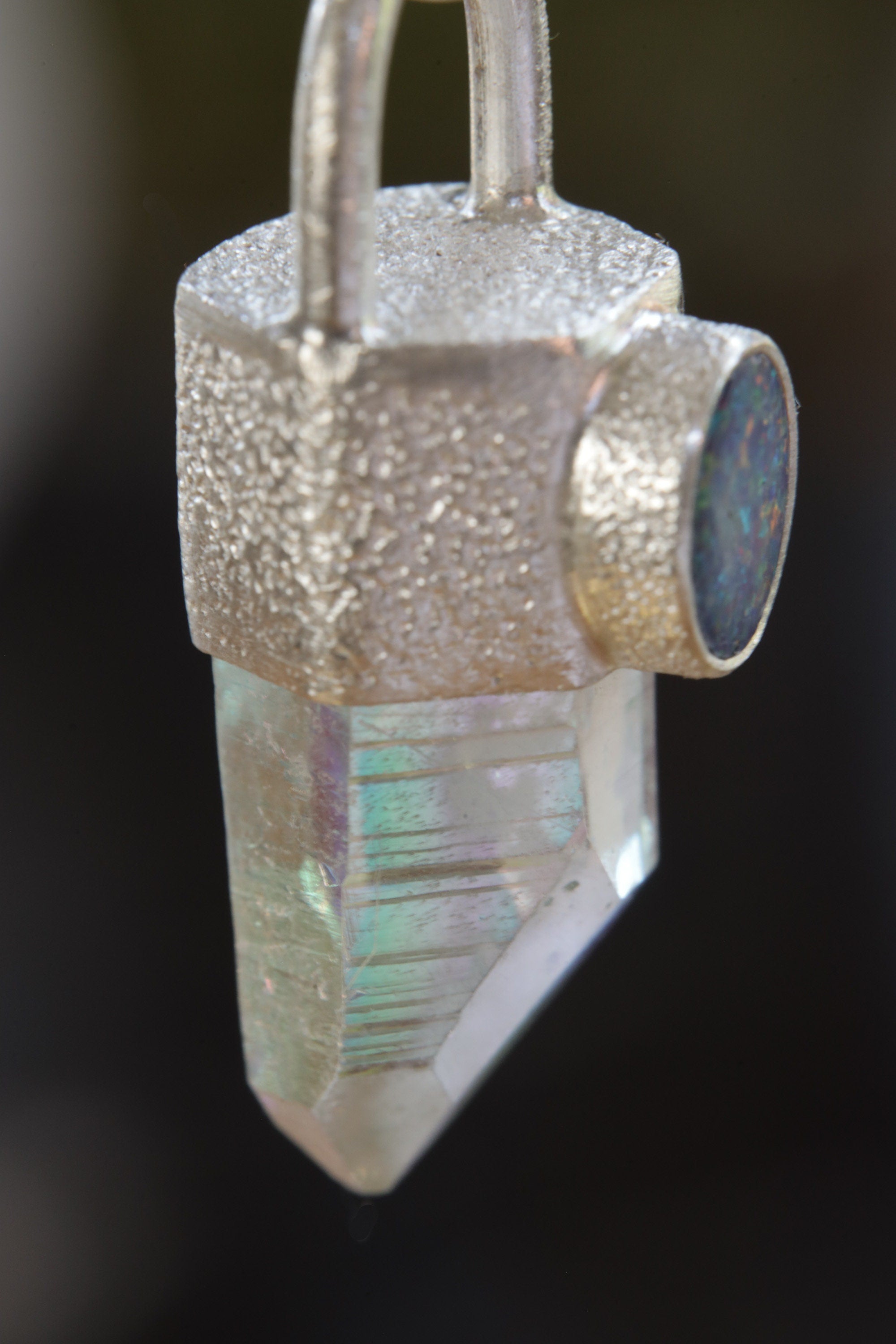 Opal/Angel Aura Quartz & Opal Doublet - High Shine Sterling Silver Crystal Pendant - NO/02