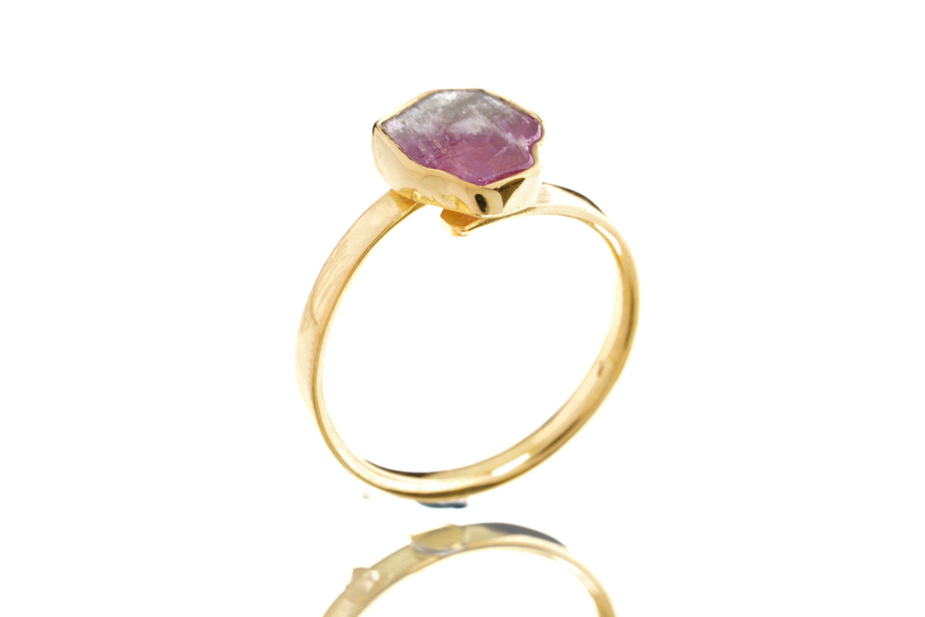 Watermelon Gem Tourmaline - Size 7 US - Gold Plated - Sterling Silver Crystal Ring