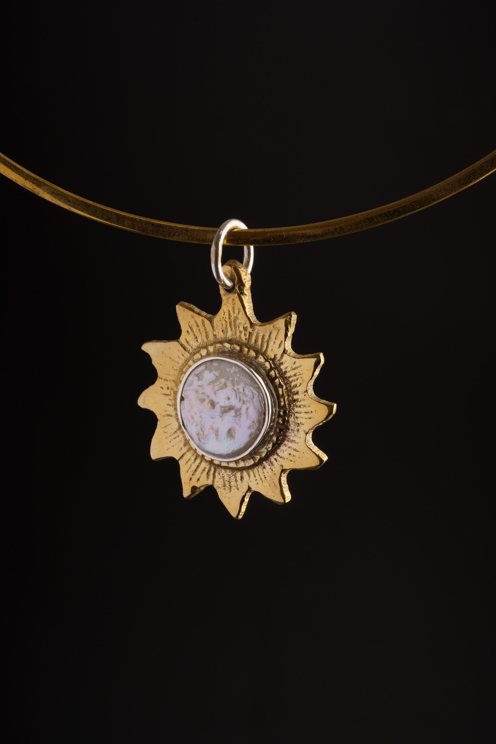 Lustrous Sunburst Pendant: Mother-of-Pearl Stone - Gold-toned Brass Pendant - Emotional Balance and Tranquillity