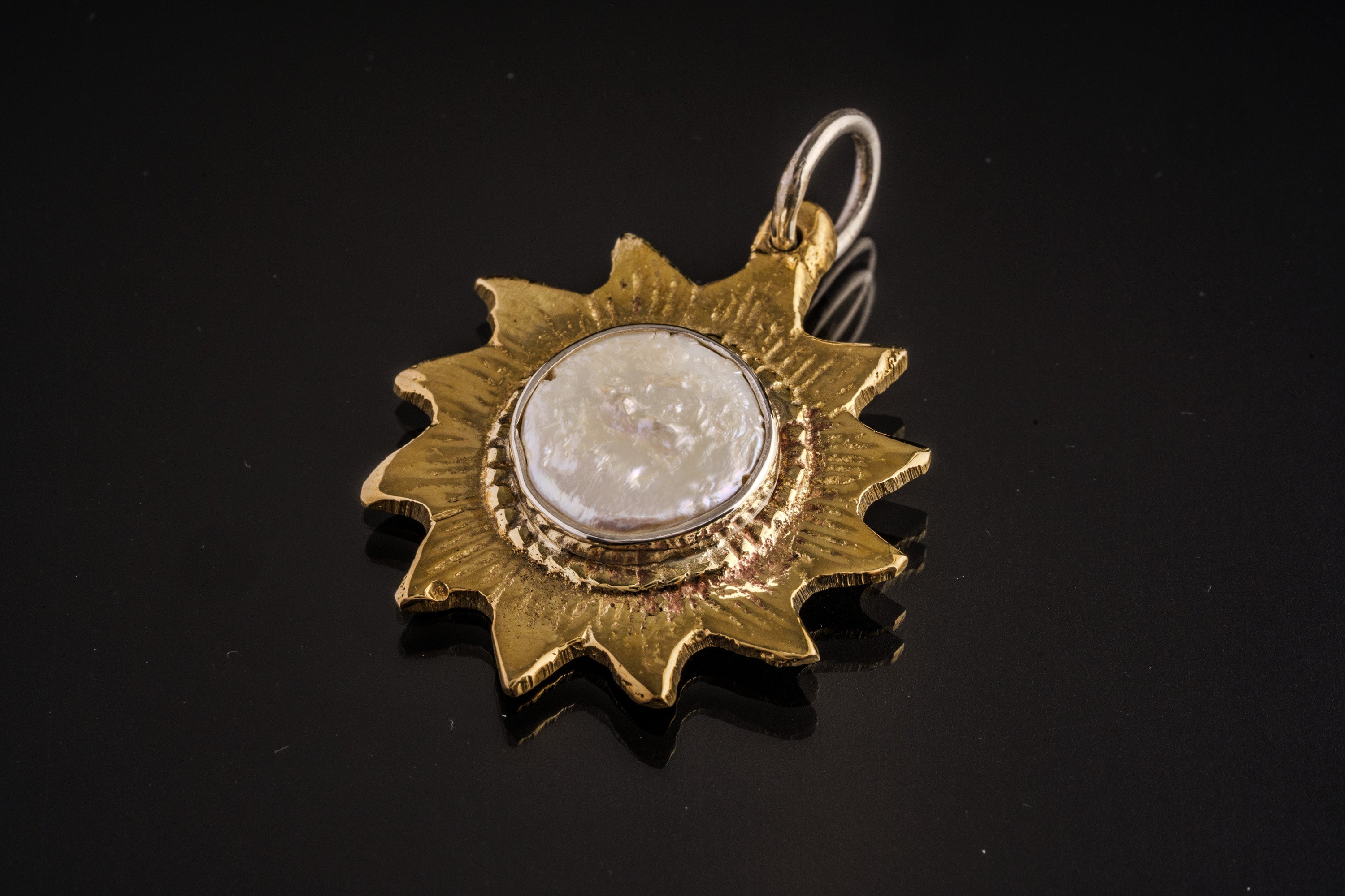 Lustrous Sunburst Pendant: Mother-of-Pearl Stone - Gold-toned Brass Pendant - Emotional Balance and Tranquillity