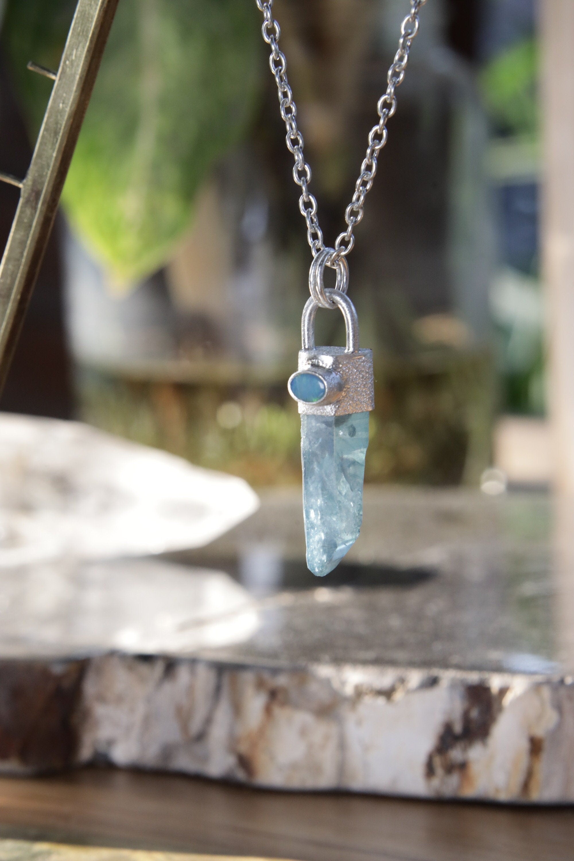 Aqua Luminescence: Aqua Aura Quartz & Australian Opal Doublet - High Shine Sterling Silver Crystal Pendant - NO/06