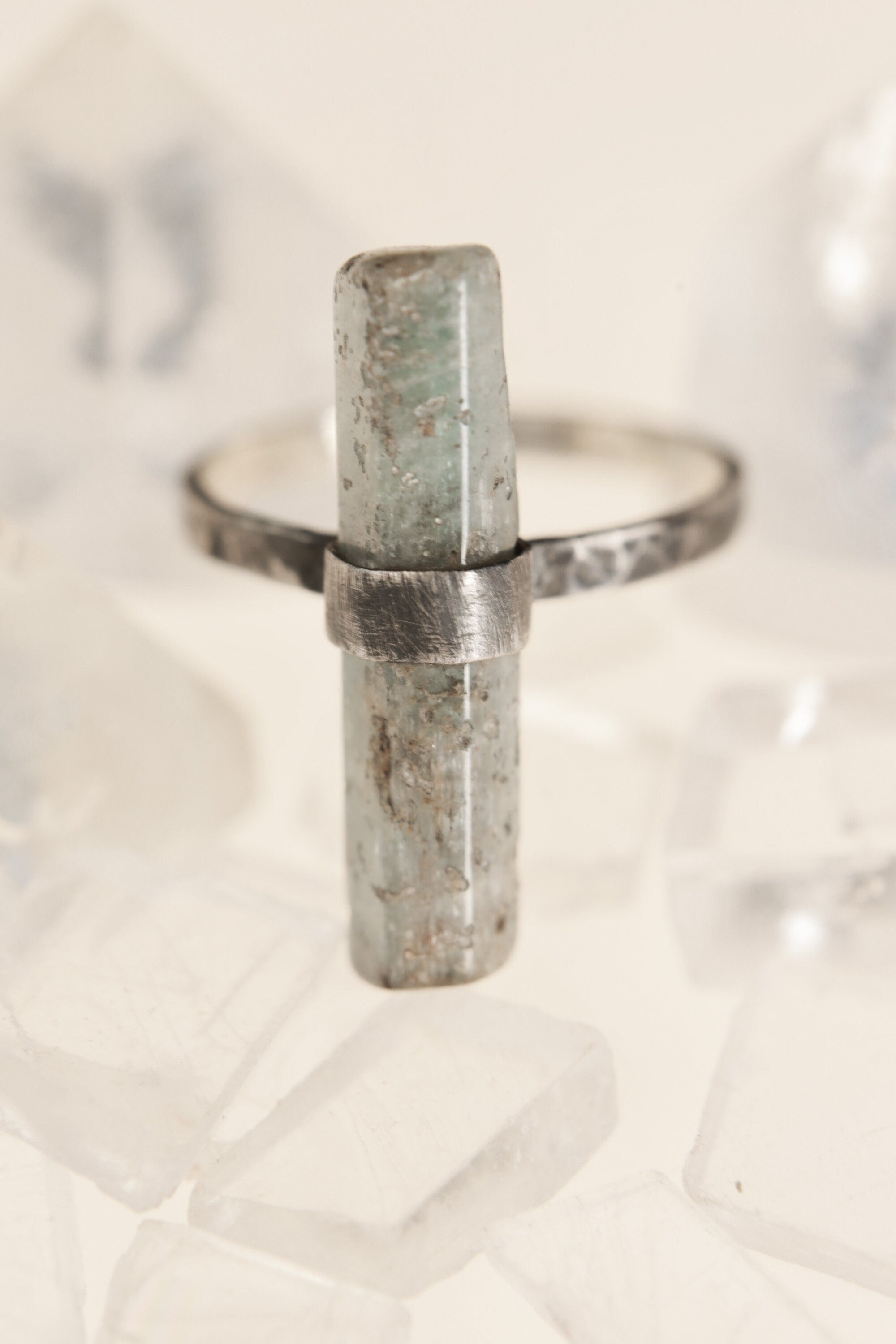 Textured & Oxidized Sterling Silver Torrington Ring with Raw Australian Aquamarine, Size 7 3/4, Pisces Zodiac, Emotional Clarity - NO/13