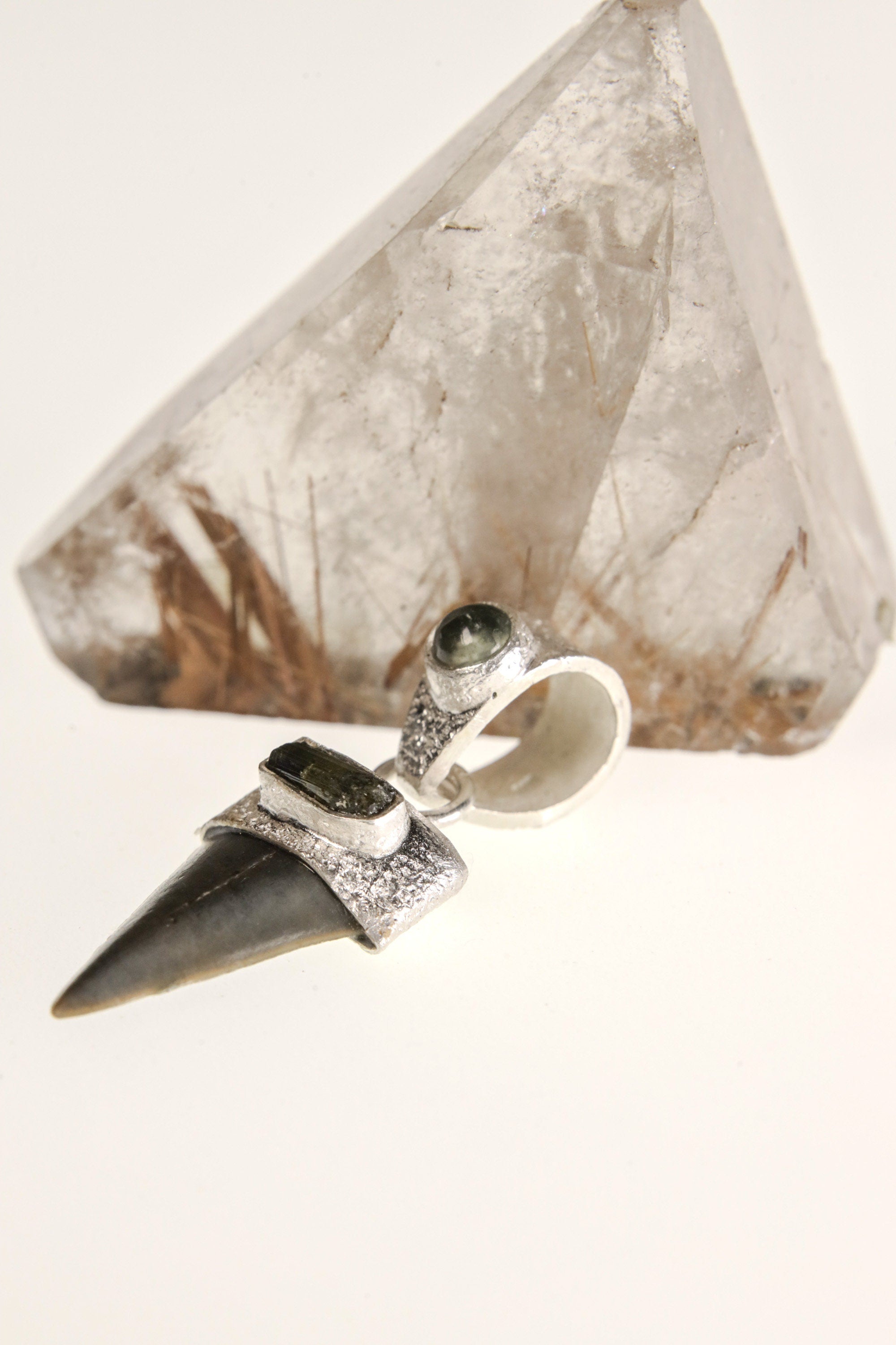 Megalodon Marvel: Ancient Megalodon Tooth adorned with Raw Green Tourmaline & Aquamarine Cabochon - Crystal Pendant Neckpiece - NO/02