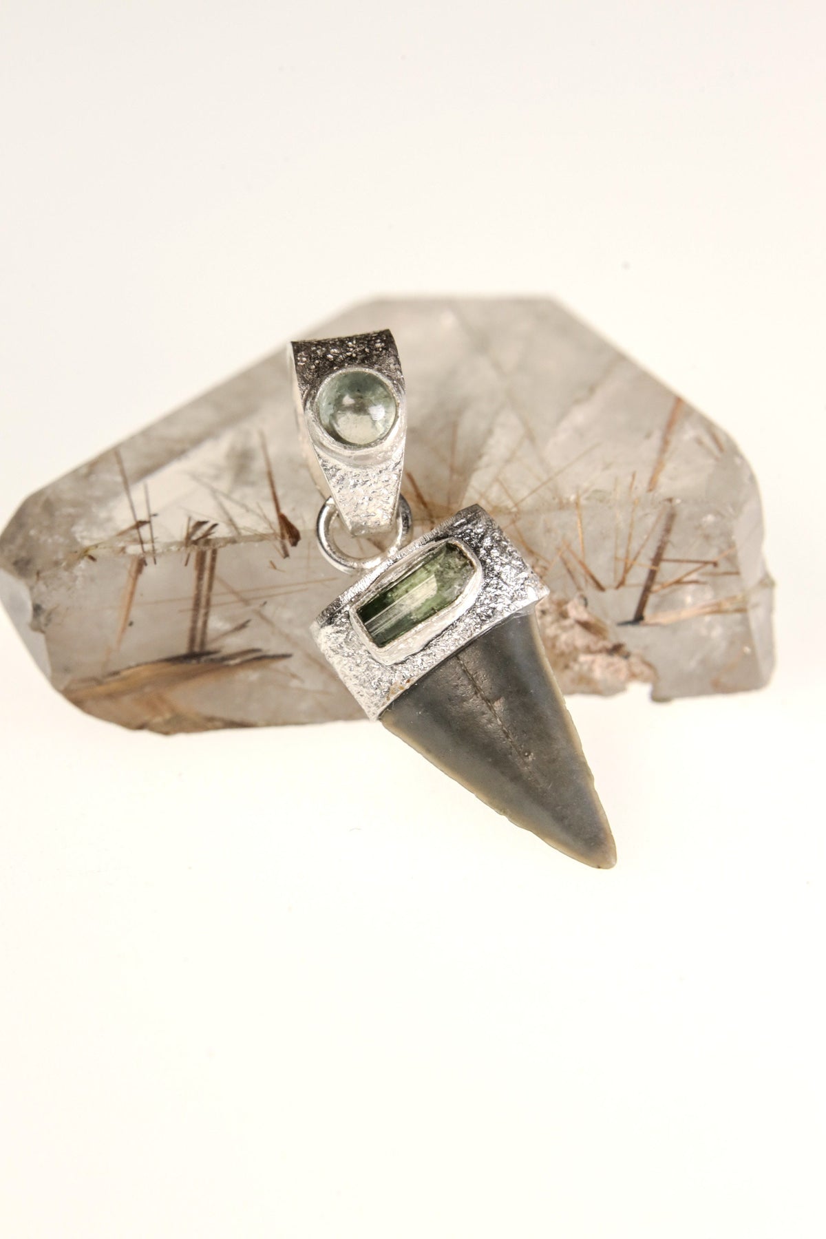 Megalodon Marvel: Ancient Megalodon Tooth adorned with Raw Green Tourmaline & Aquamarine Cabochon - Crystal Pendant Neckpiece - NO/02