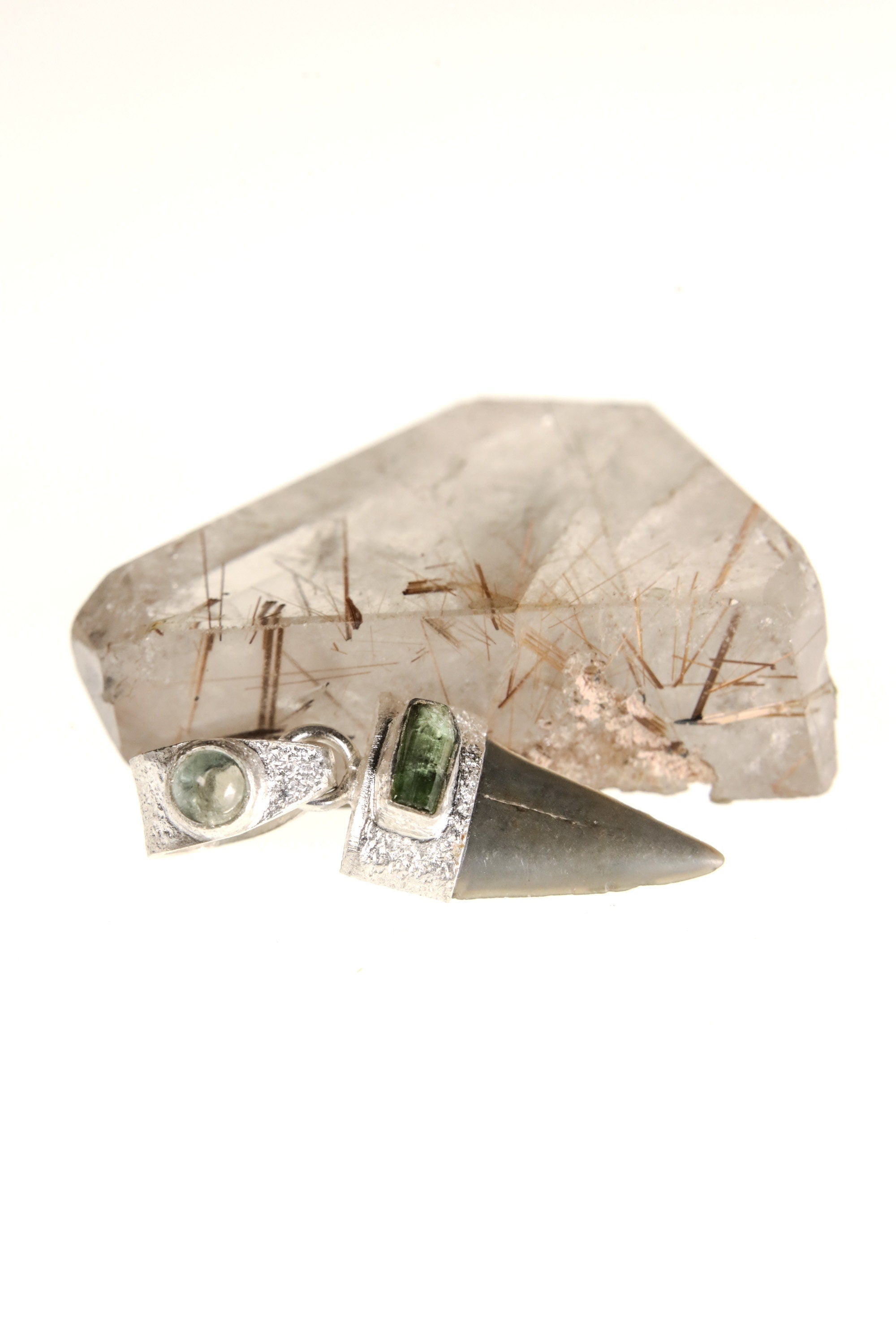 Megalodon Marvel: Ancient Megalodon Tooth adorned with Raw Green Tourmaline & Aquamarine Cabochon - Crystal Pendant Neckpiece - NO/02