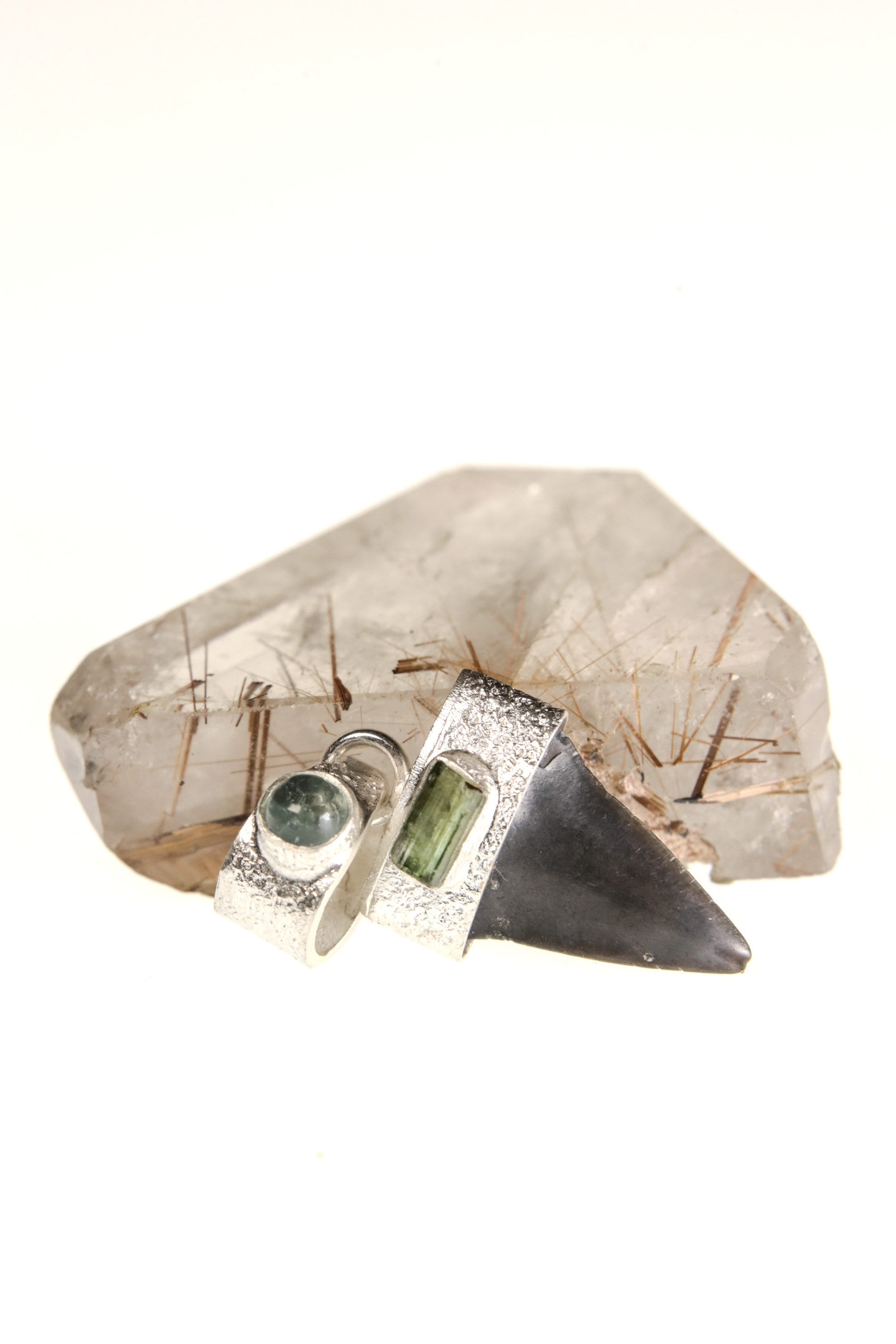 Megalodon Marvel: Ancient Megalodon Tooth adorned with Raw Green Tourmaline & Aquamarine Cabochon - Crystal Pendant Neckpiece - NO/03