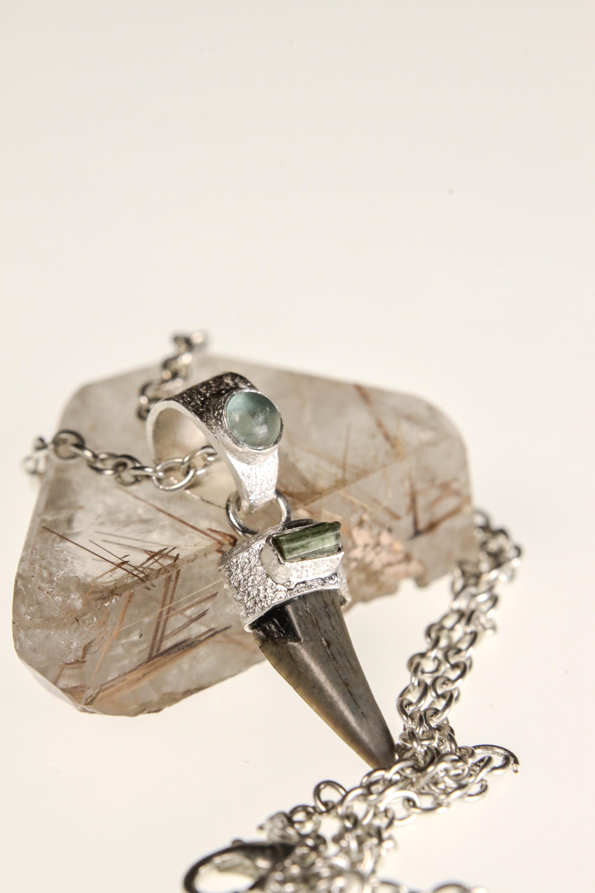 Megalodon Marvel: Ancient Megalodon Tooth adorned with Raw Green Tourmaline & Aquamarine Cabochon - Crystal Pendant Neckpiece - NO/07