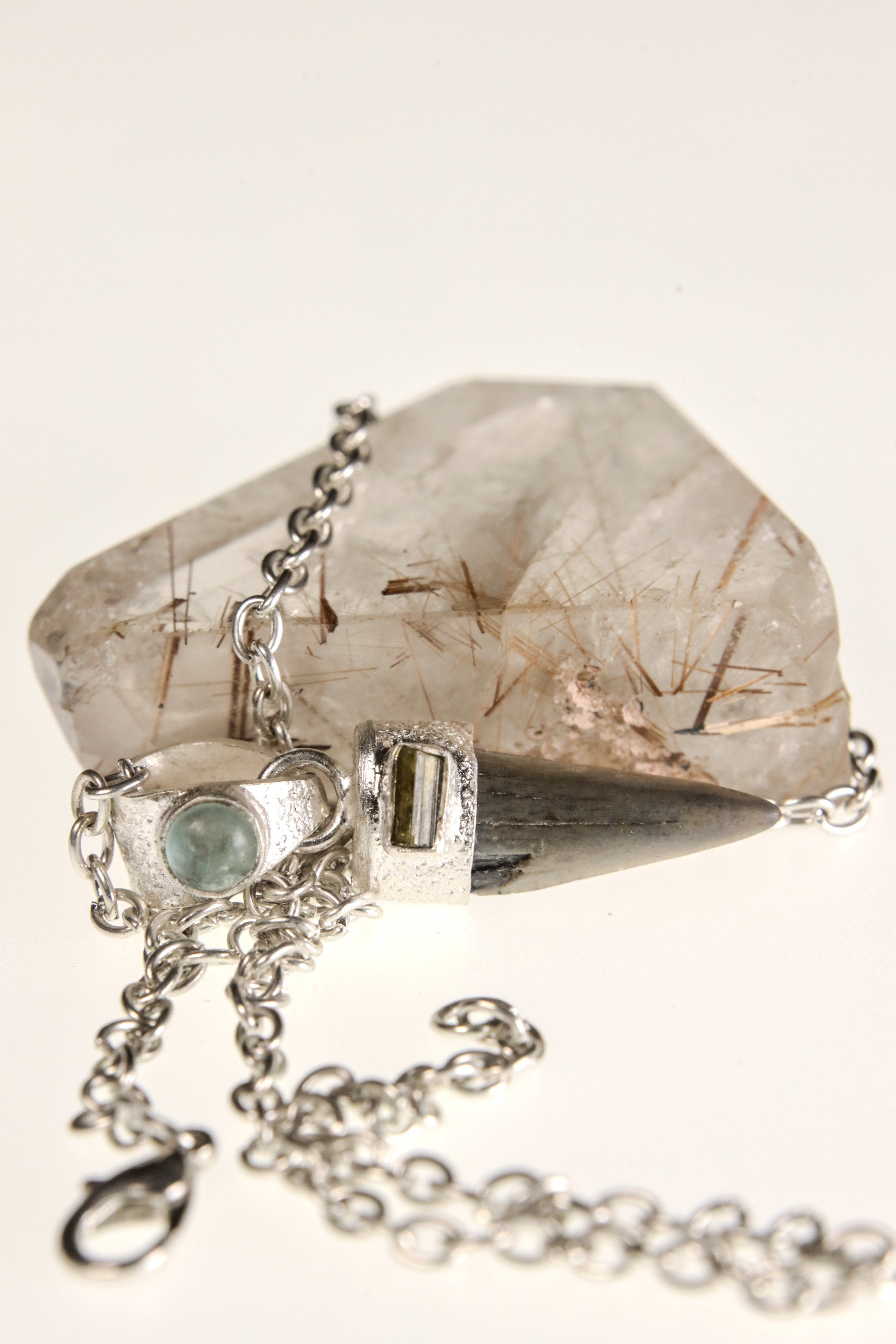 Megalodon Marvel: Ancient Megalodon Tooth adorned with Raw Green Tourmaline & Aquamarine Cabochon - Crystal Pendant Neckpiece - NO/07