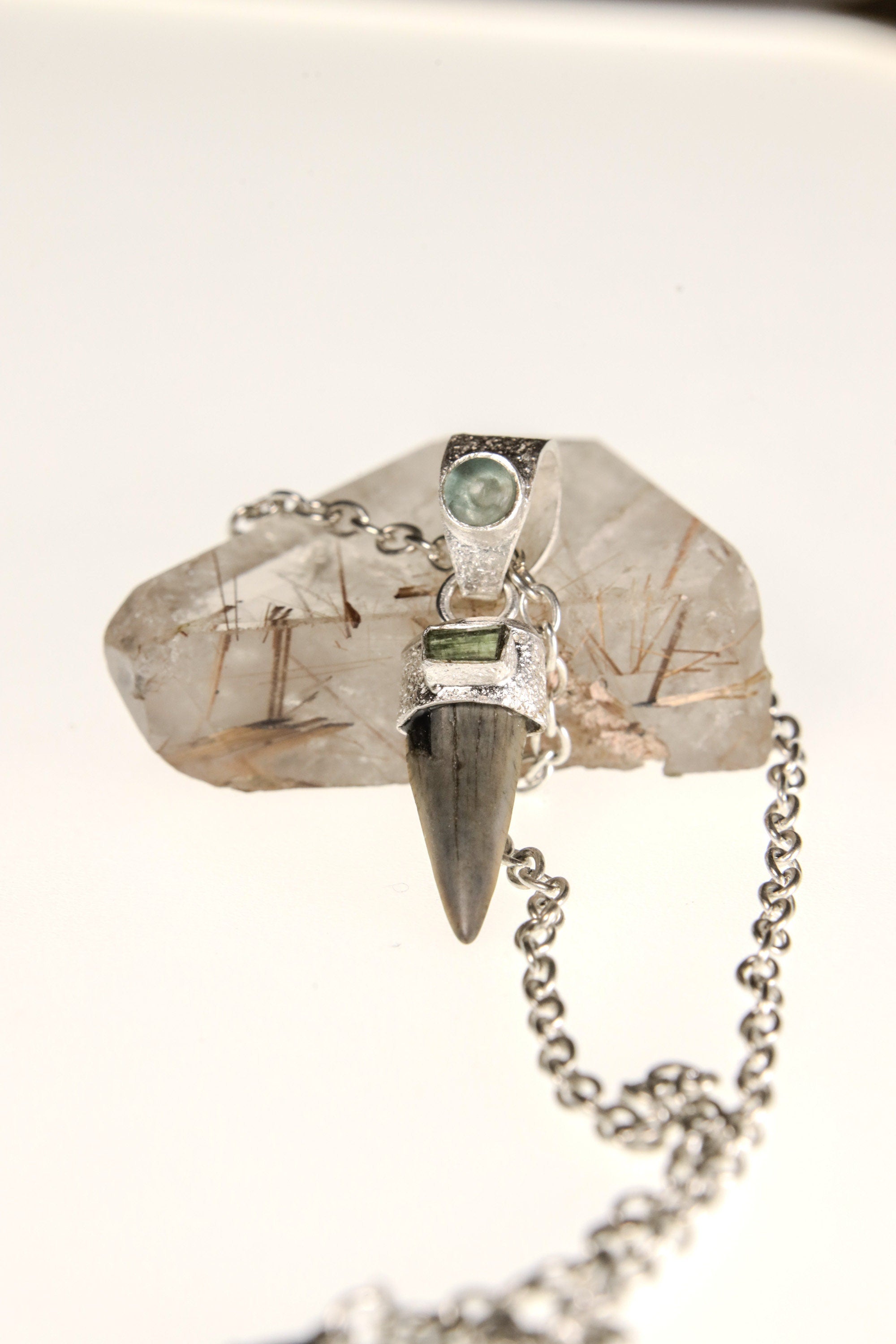 Megalodon Marvel: Ancient Megalodon Tooth adorned with Raw Green Tourmaline & Aquamarine Cabochon - Crystal Pendant Neckpiece - NO/07