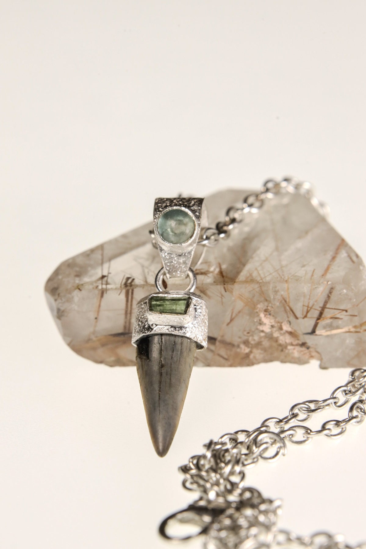 Megalodon Marvel: Ancient Megalodon Tooth adorned with Raw Green Tourmaline & Aquamarine Cabochon - Crystal Pendant Neckpiece - NO/07