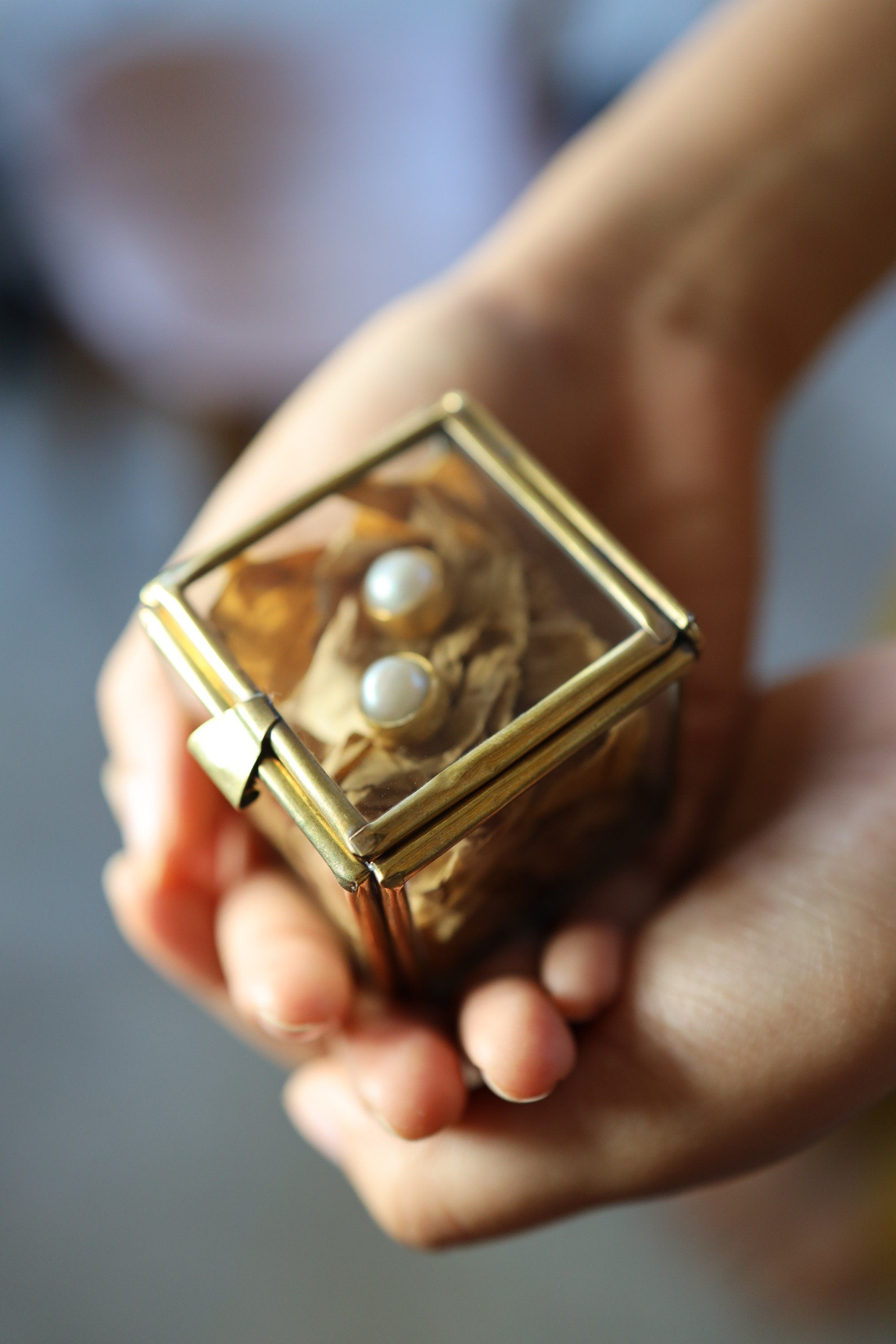 Compact Handcrafted Charm: Small Square Premium Gem Display Box with Gold-Toned Brass - Ideal for Elegant Jewelry Presentation