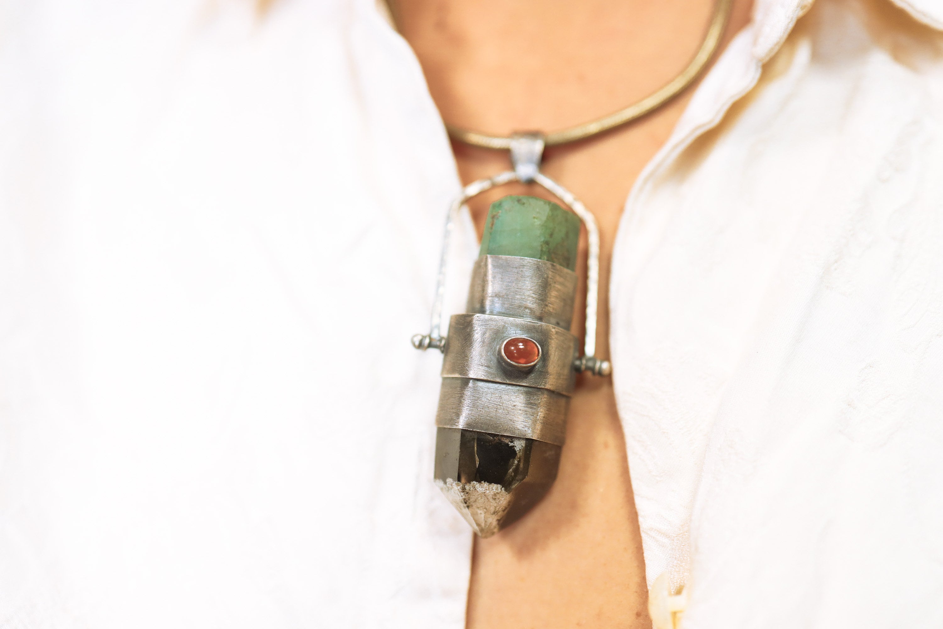 Celestial Spinner: Large Australian Emerald, Clear Chlorite Inclusion Quartz, Ethiopian Opal and Blue Tourmaline - Spinning Crystal Pendant