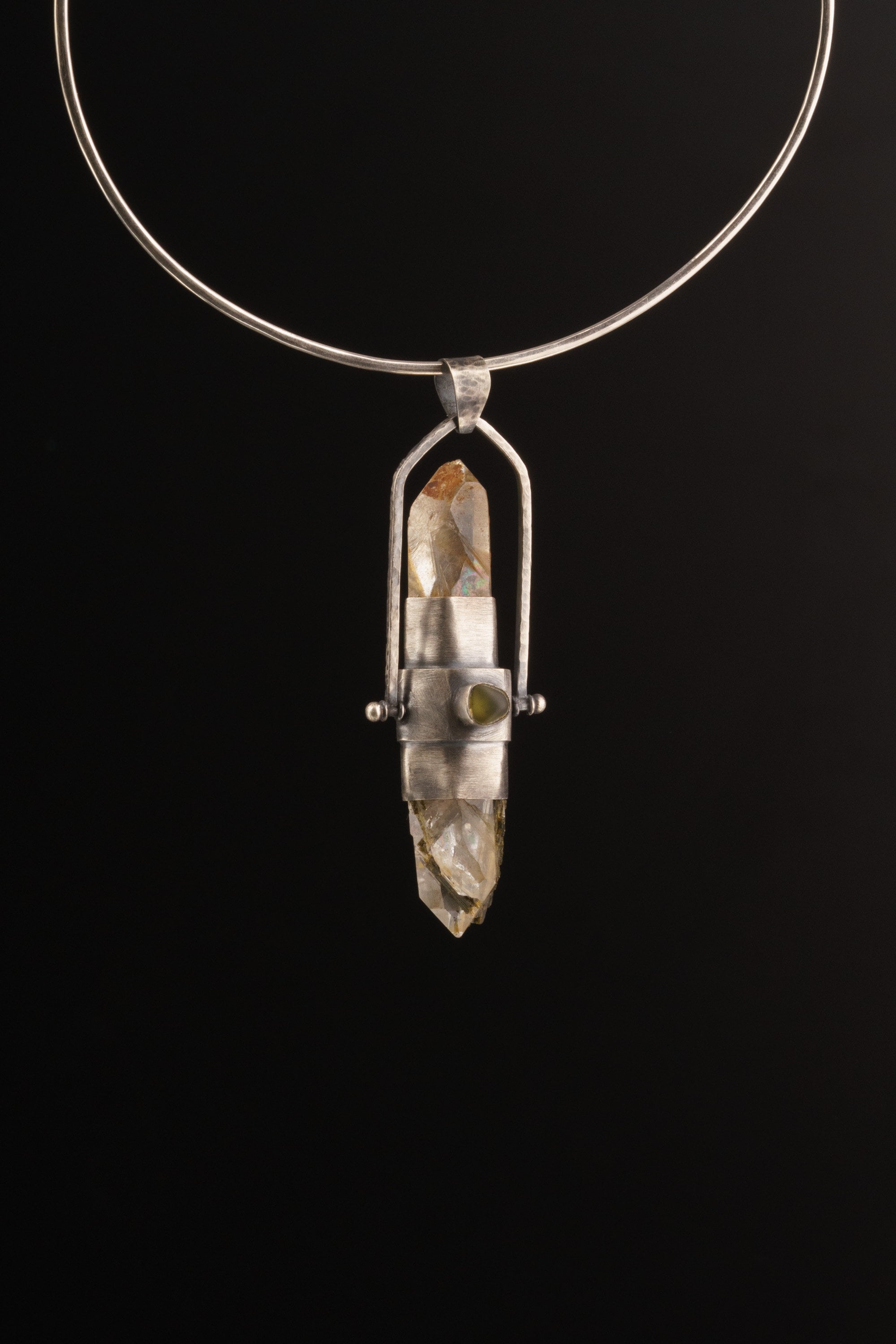 Australian Lithium Quartz, Clear Green Inclusion Quartz, Black Pyrite & Peridot Spinning Pendant, Sterling Silver