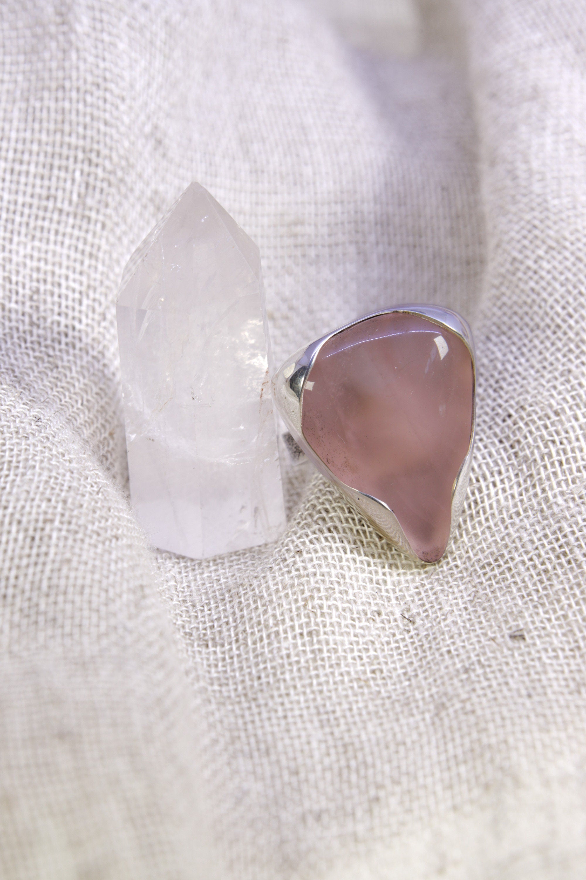 A Robust Embrace of Gentle Harmony: Adjustable Sterling Silver Ring with Triangular Rose Quartz - Unisex - Size 5-10 US