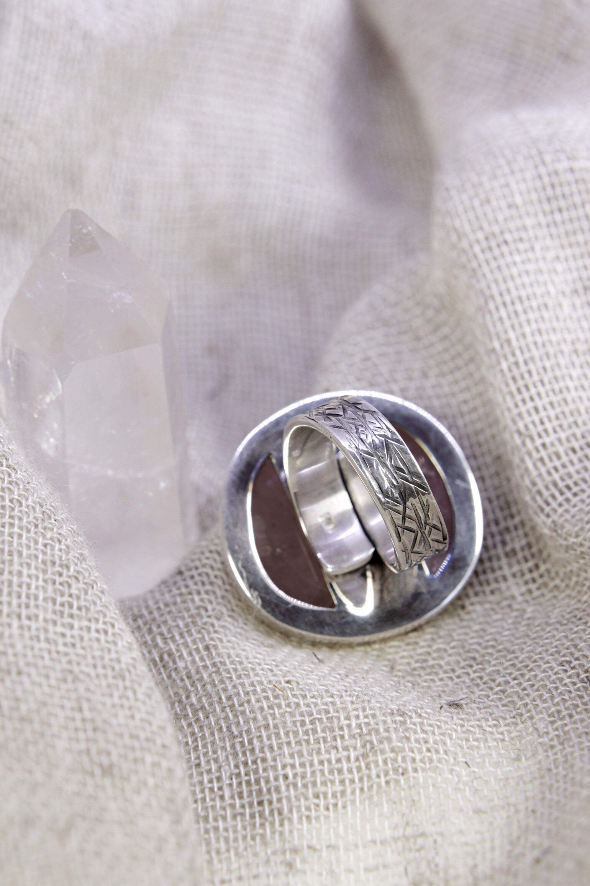 A Sturdy Embrace of Gentle Love: Adjustable Sterling Silver Ring with Raw Rose Quartz - Unisex - Size 5-10 US