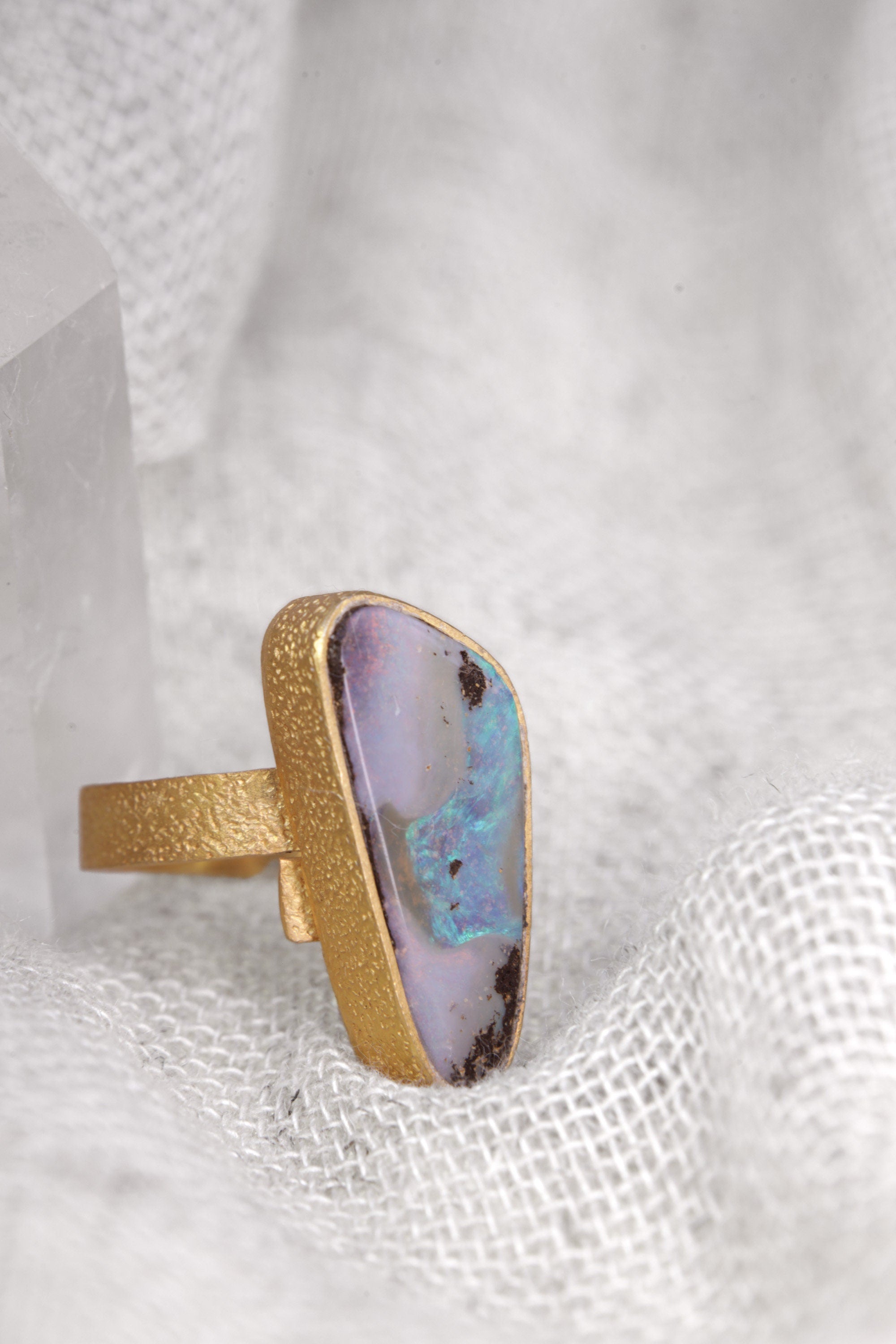 Adjustable Sterling Silver Opal Ring, Textured Gold-Plated Finish, Unisex, Heart & Crown Chakra, Libra Zodiac, Unique Gift, Size 5-10 US