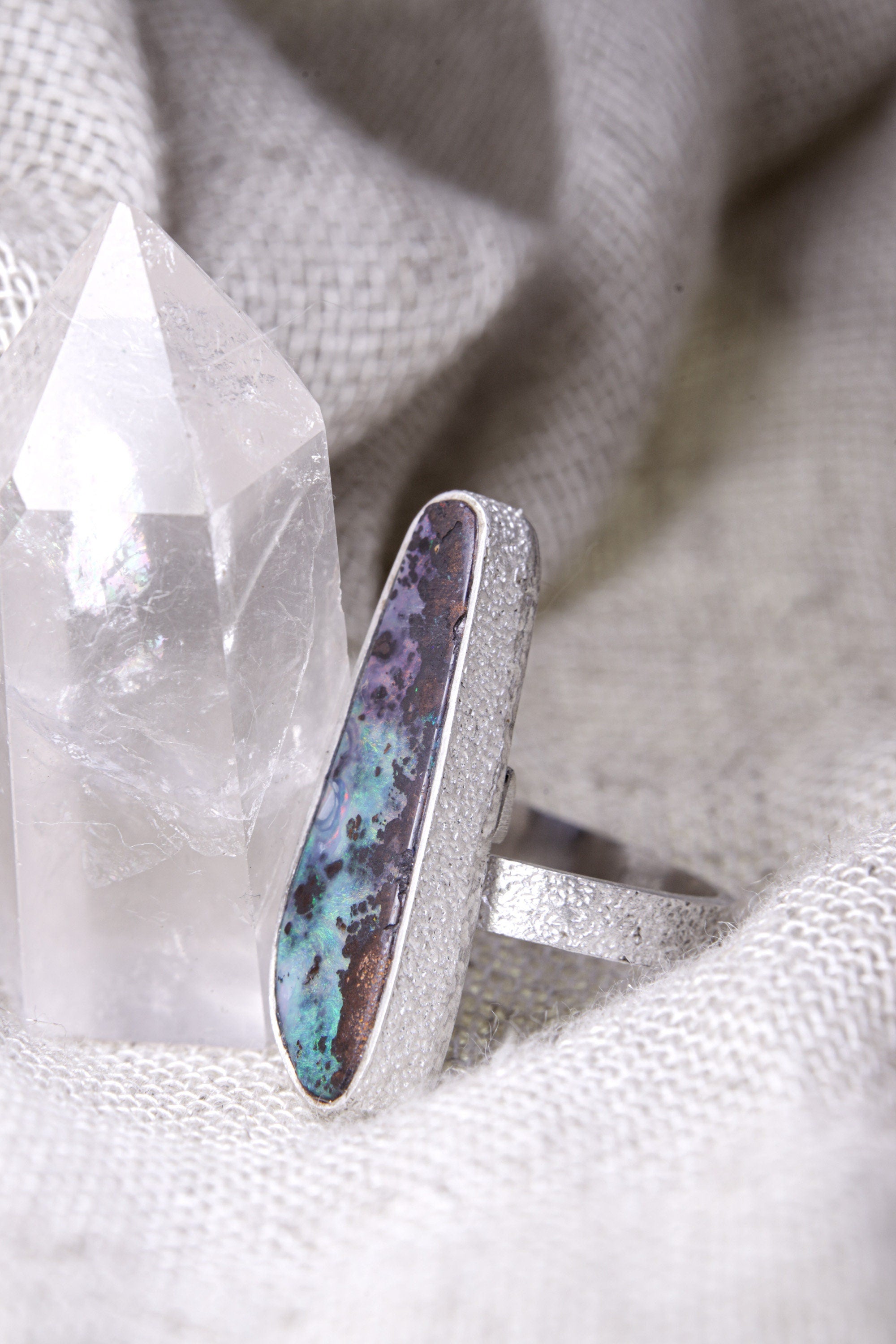 Ethereal Light Opal: Adjustable Sterling Silver Ring with Opal - Textured - Unisex - Size 5-10 US