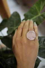 A Sturdy Embrace of Gentle Love: Adjustable Sterling Silver Ring with Raw Rose Quartz - Unisex - Size 5-10 US