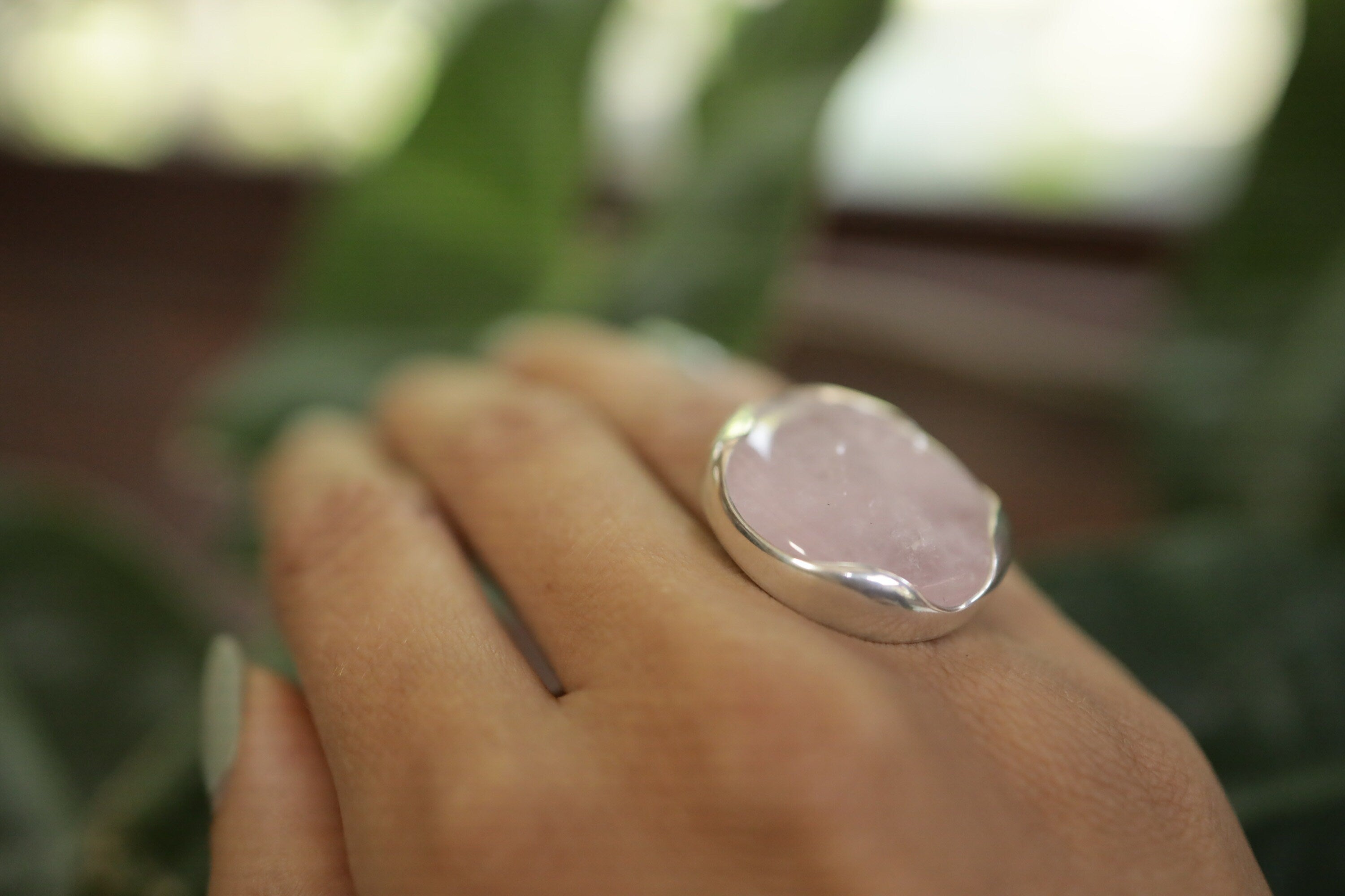 A Sturdy Embrace of Gentle Love: Adjustable Sterling Silver Ring with Raw Rose Quartz - Unisex - Size 5-10 US