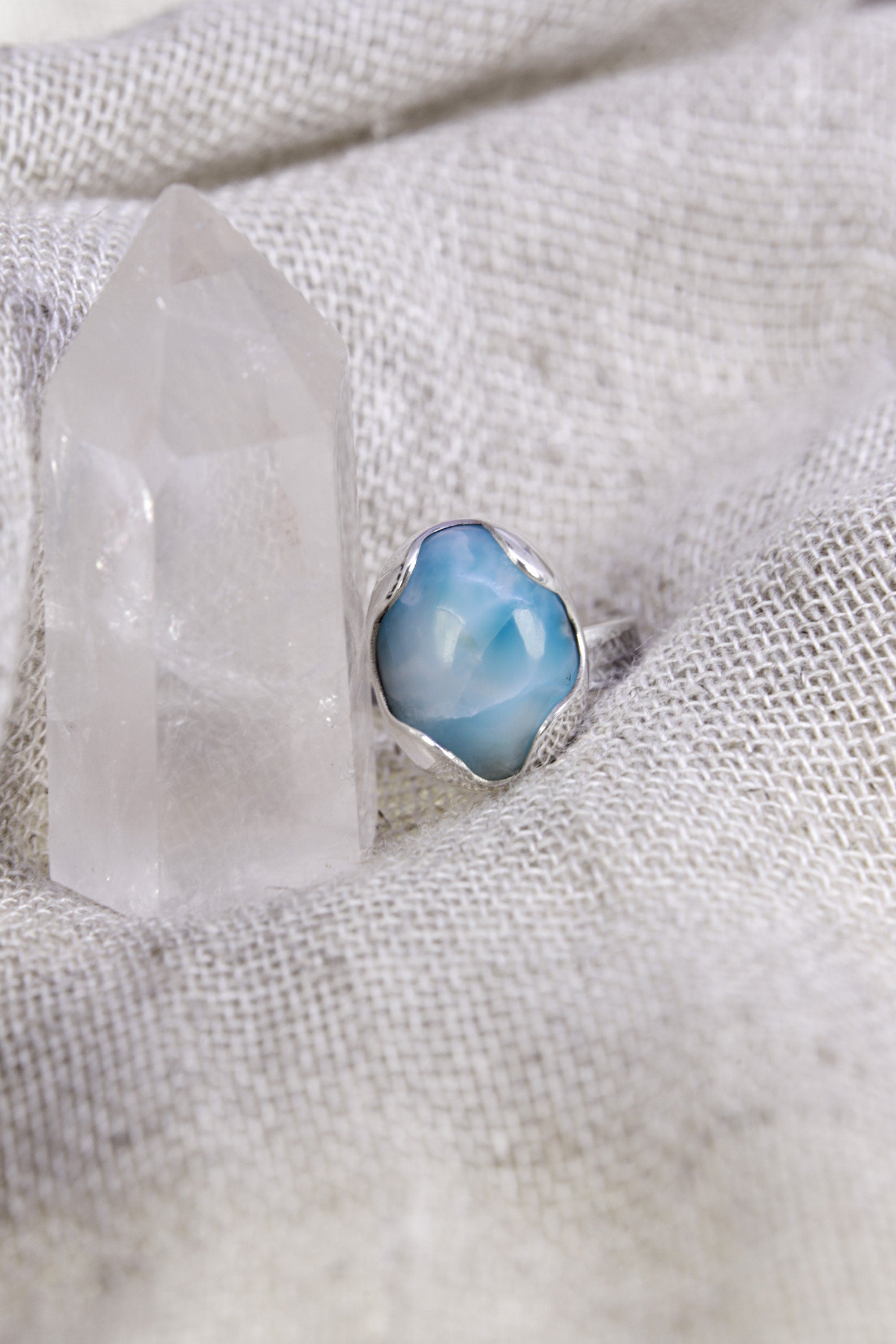 A Tribute to Oceanic Splendor: Adjustable Sterling Silver Ring with Oval Larimar - Unisex - Size 5-10 US - NO/04