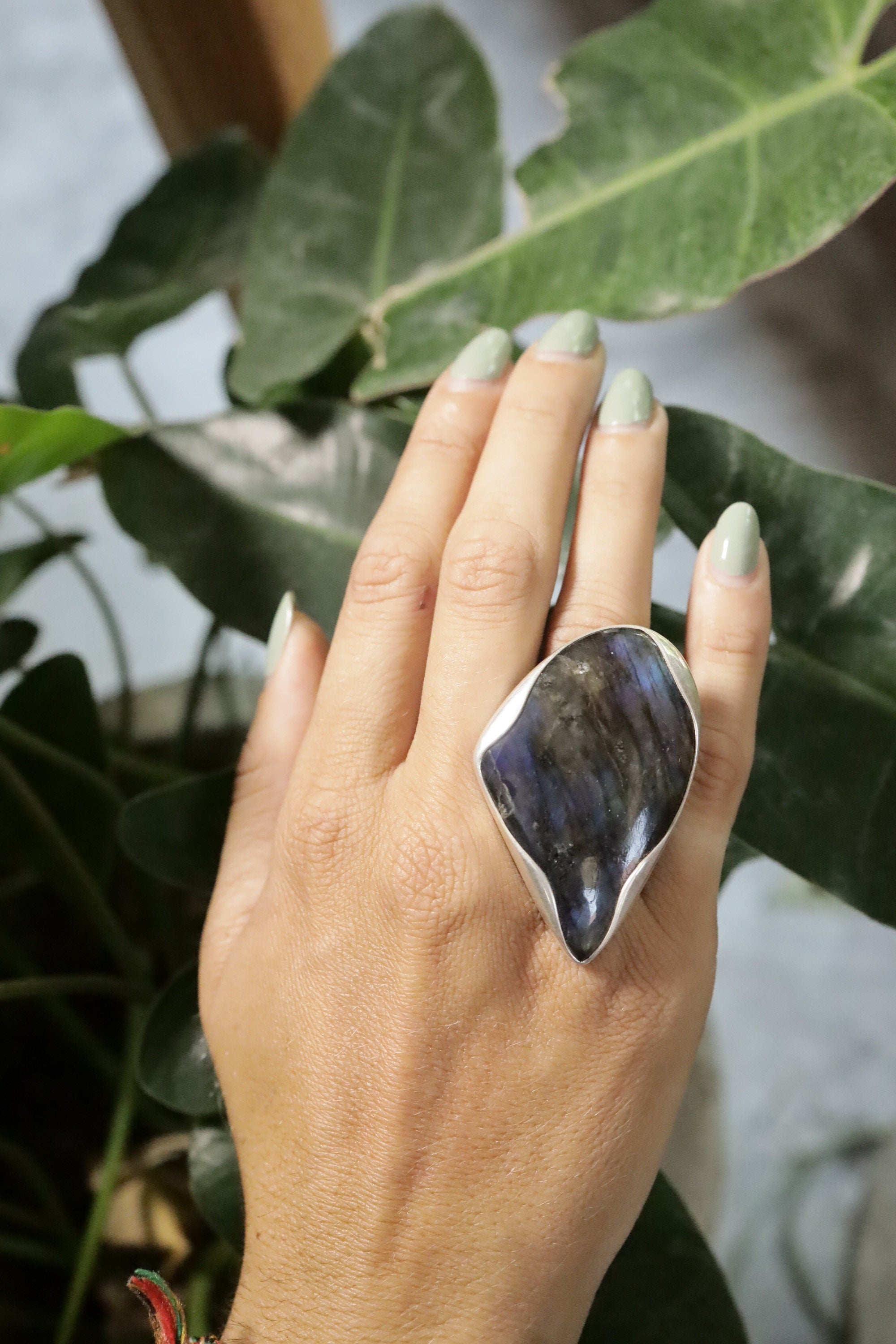 Sterling Silver Adjustable Ring Band, Large Tooth-Shaped Blue Labradorite, Size 5-12 US, Unisex, Spiritual Protection & Transformation
