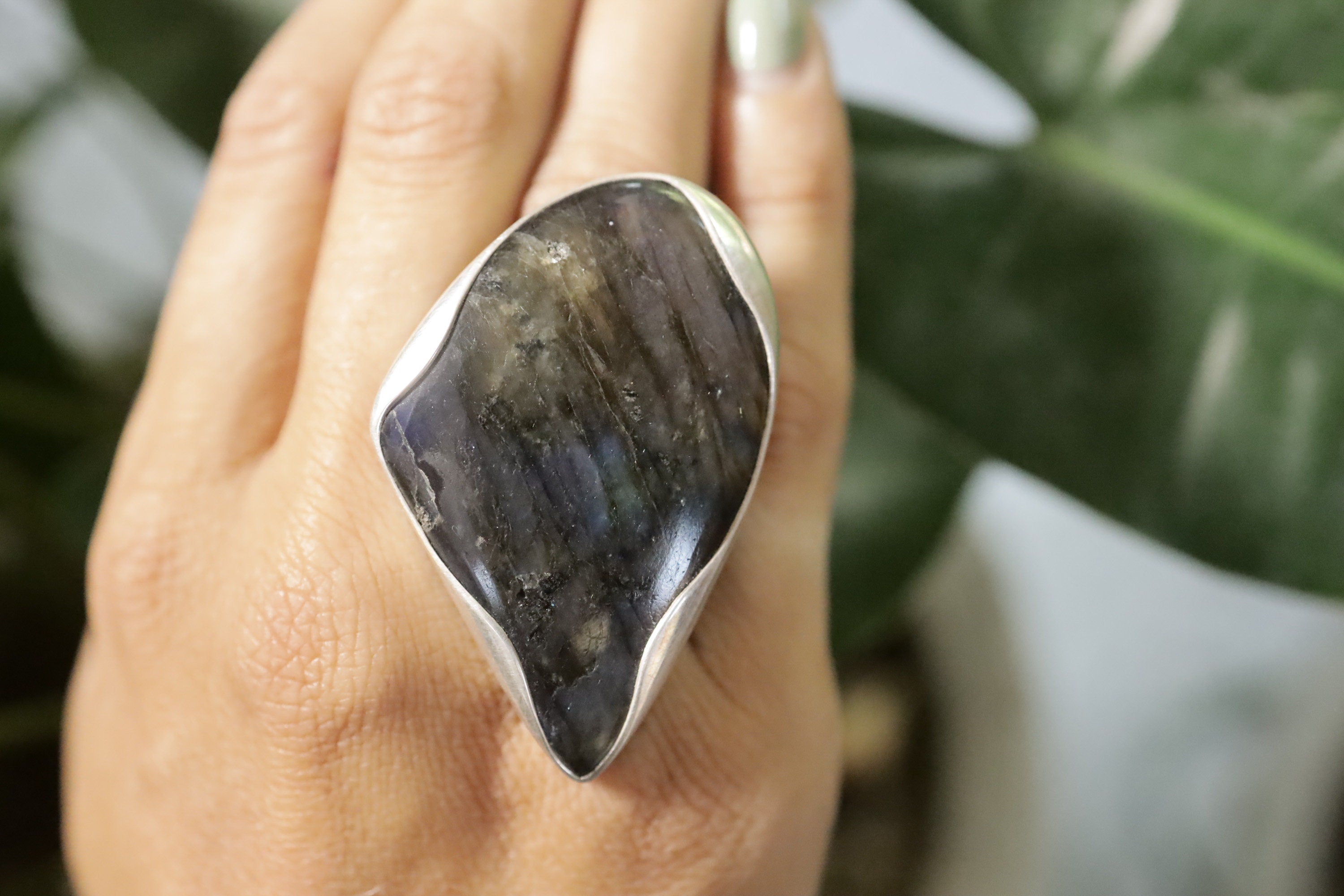 Sterling Silver Adjustable Ring Band, Large Tooth-Shaped Blue Labradorite, Size 5-12 US, Unisex, Spiritual Protection & Transformation