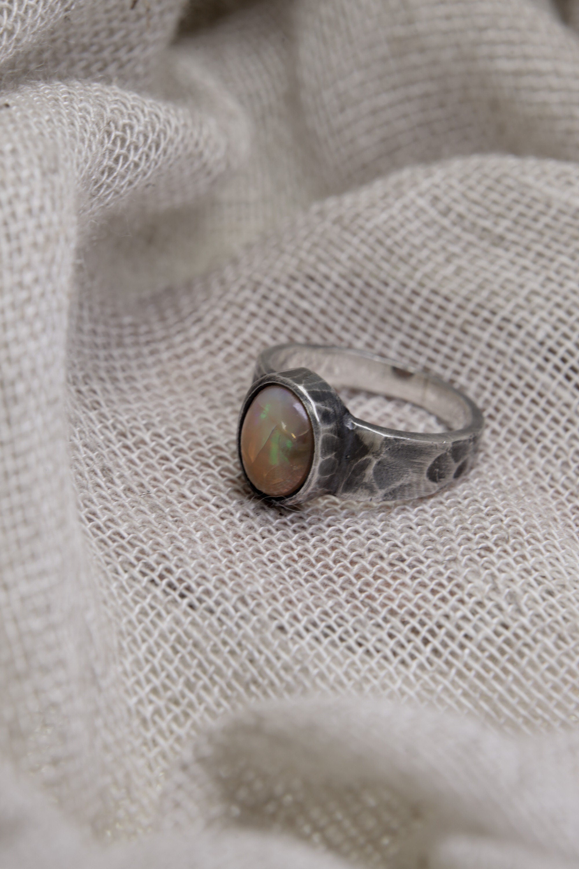 Abyssinian Radiance: Sterling Silver Ring with Ethiopian Opal - Textured & Oxidised - Size 7 3/4