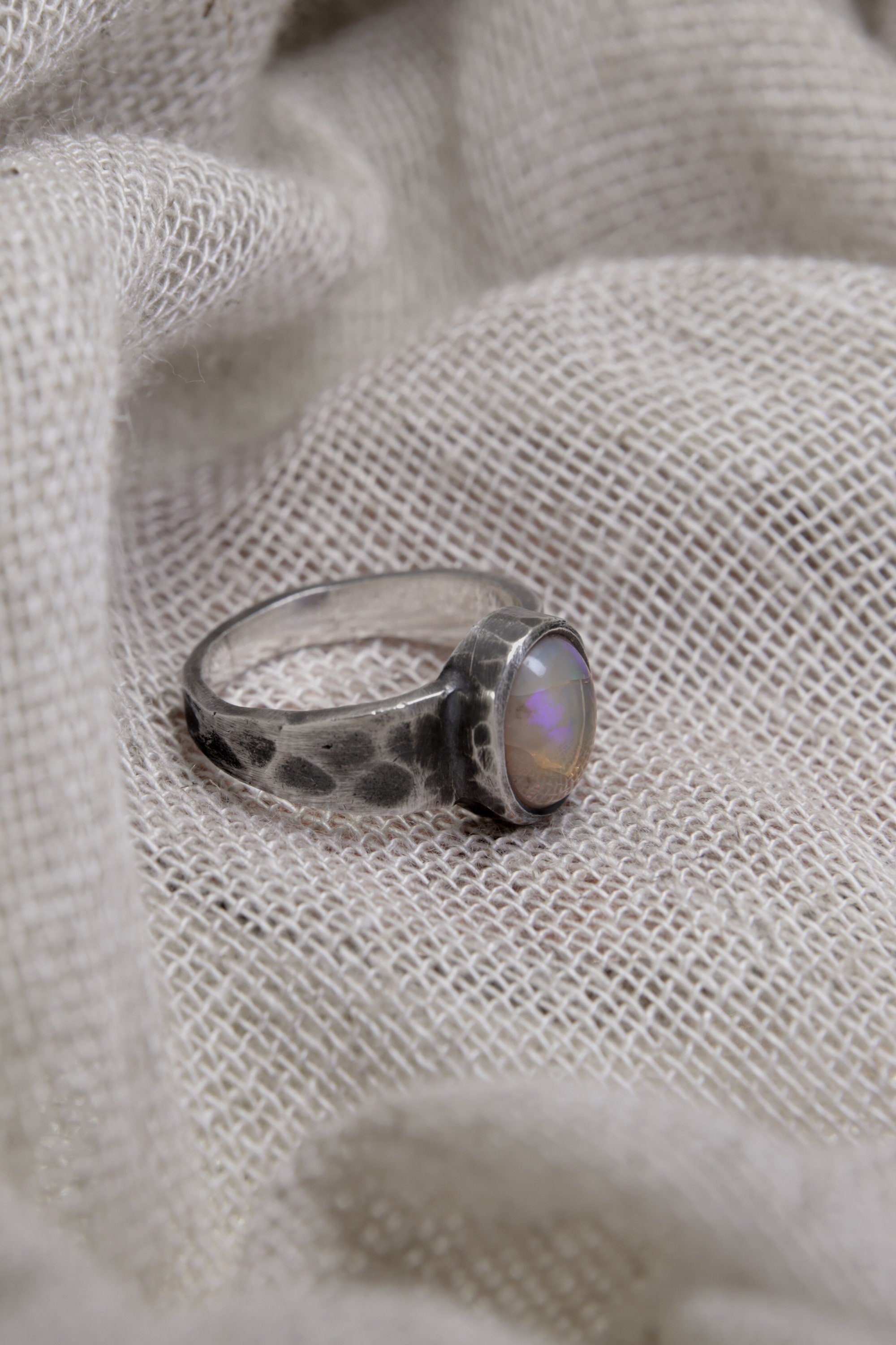 Abyssinian Radiance: Sterling Silver Ring with Ethiopian Opal - Textured & Oxidised - Size 7 3/4