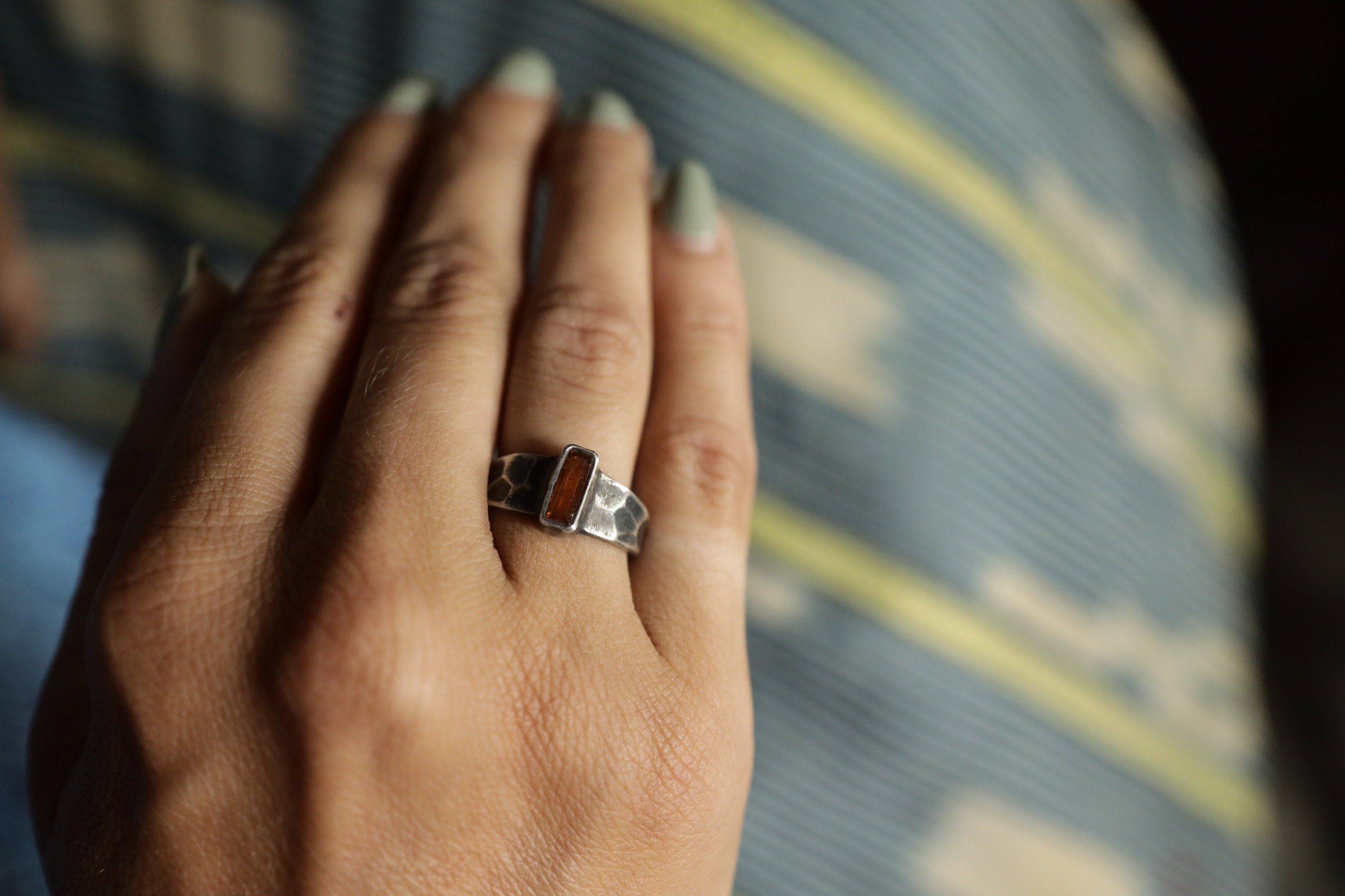 Crimson Whisper: Sterling Silver Ring with Faceted Red Kyanite - Textured & Oxidised - Size 7