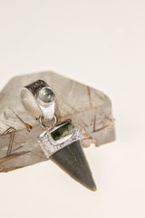 Megalodon Marvel: Ancient Megalodon Tooth adorned with Raw Green Tourmaline & Aquamarine Cabochon - Crystal Pendant Neckpiece - NO/02