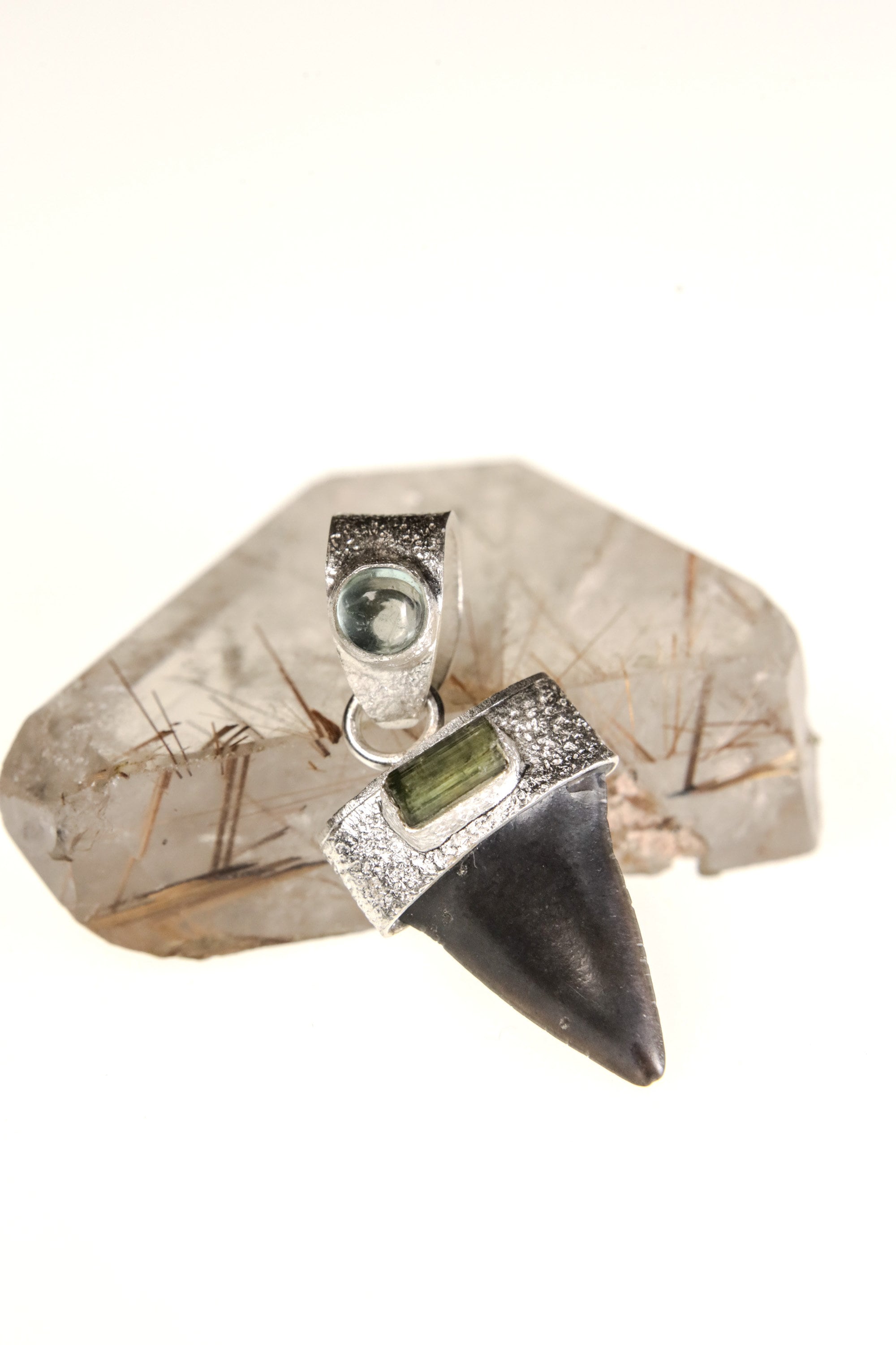 Megalodon Marvel: Ancient Megalodon Tooth adorned with Raw Green Tourmaline & Aquamarine Cabochon - Crystal Pendant Neckpiece - NO/03