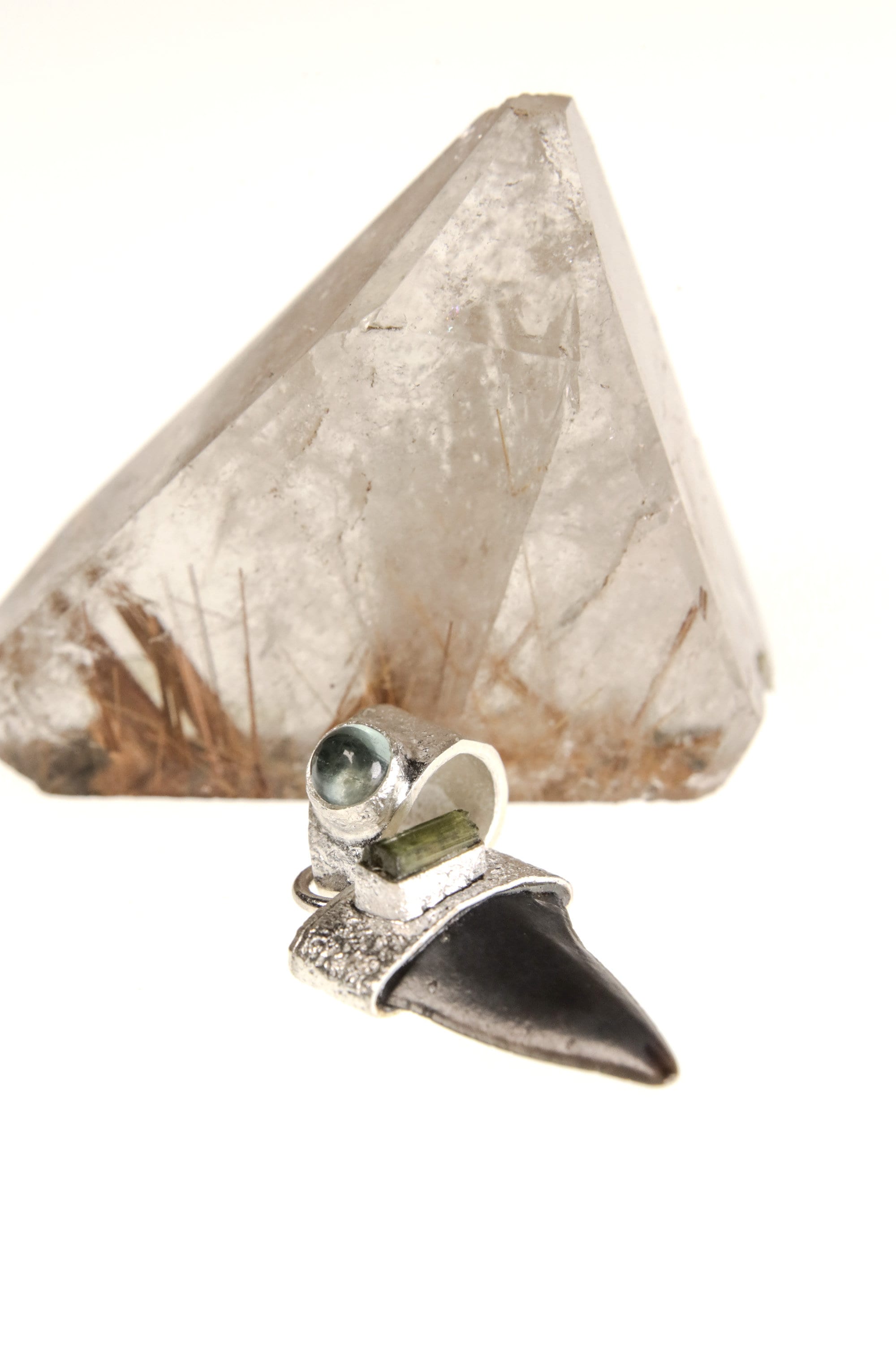 Megalodon Marvel: Ancient Megalodon Tooth adorned with Raw Green Tourmaline & Aquamarine Cabochon - Crystal Pendant Neckpiece - NO/03