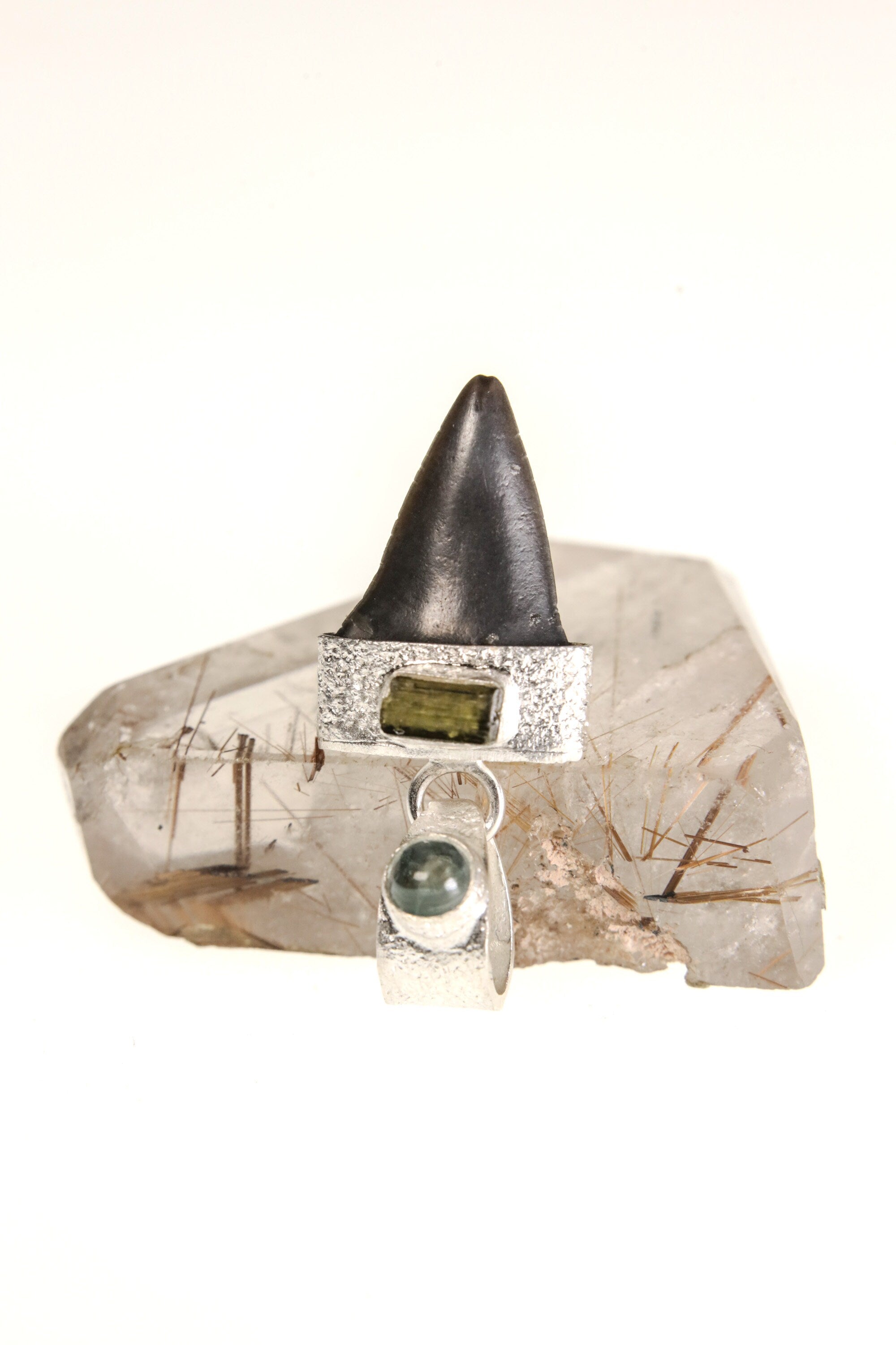 Megalodon Marvel: Ancient Megalodon Tooth adorned with Raw Green Tourmaline & Aquamarine Cabochon - Crystal Pendant Neckpiece - NO/03