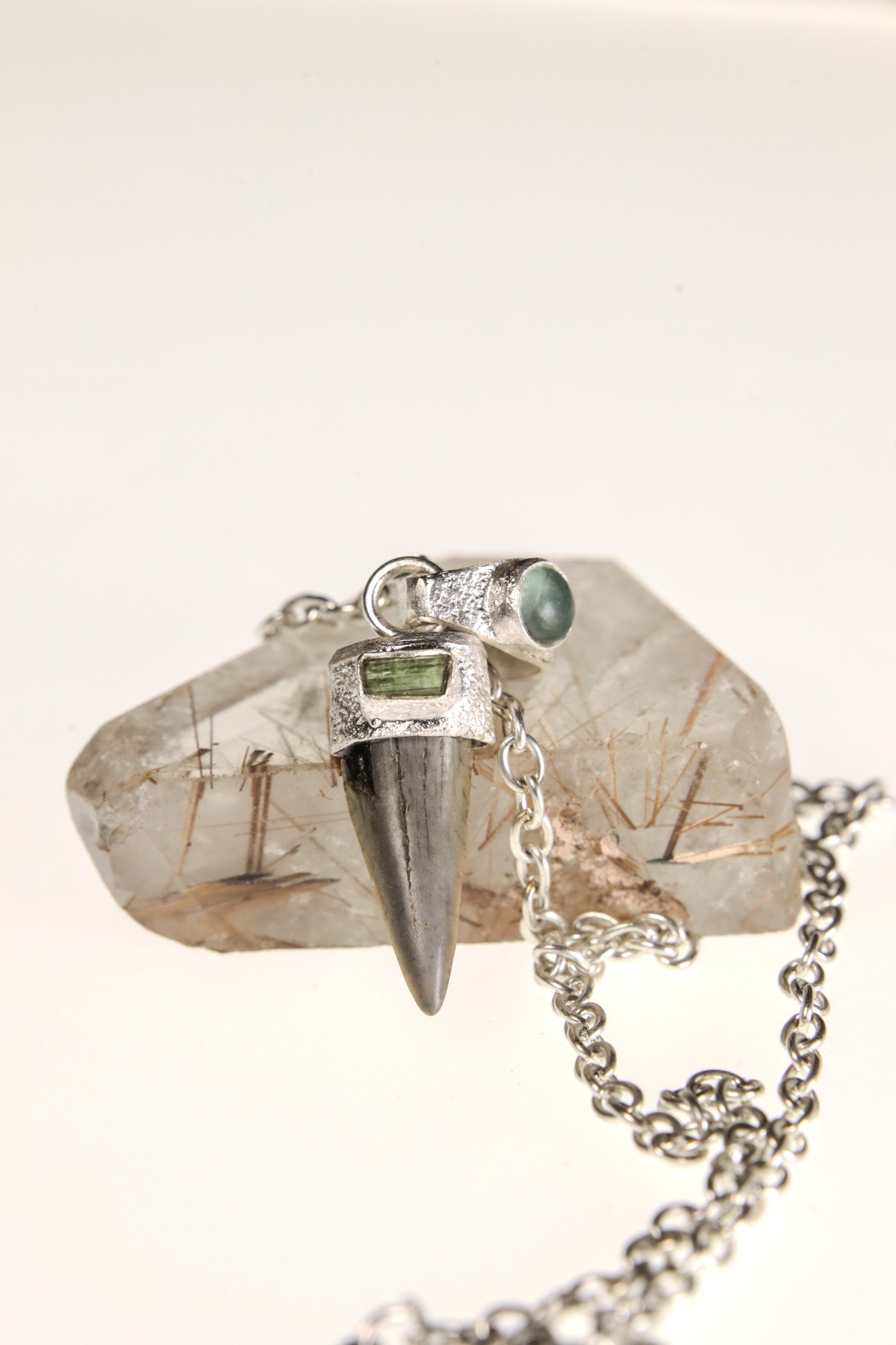 Megalodon Marvel: Ancient Megalodon Tooth adorned with Raw Green Tourmaline & Aquamarine Cabochon - Crystal Pendant Neckpiece - NO/07