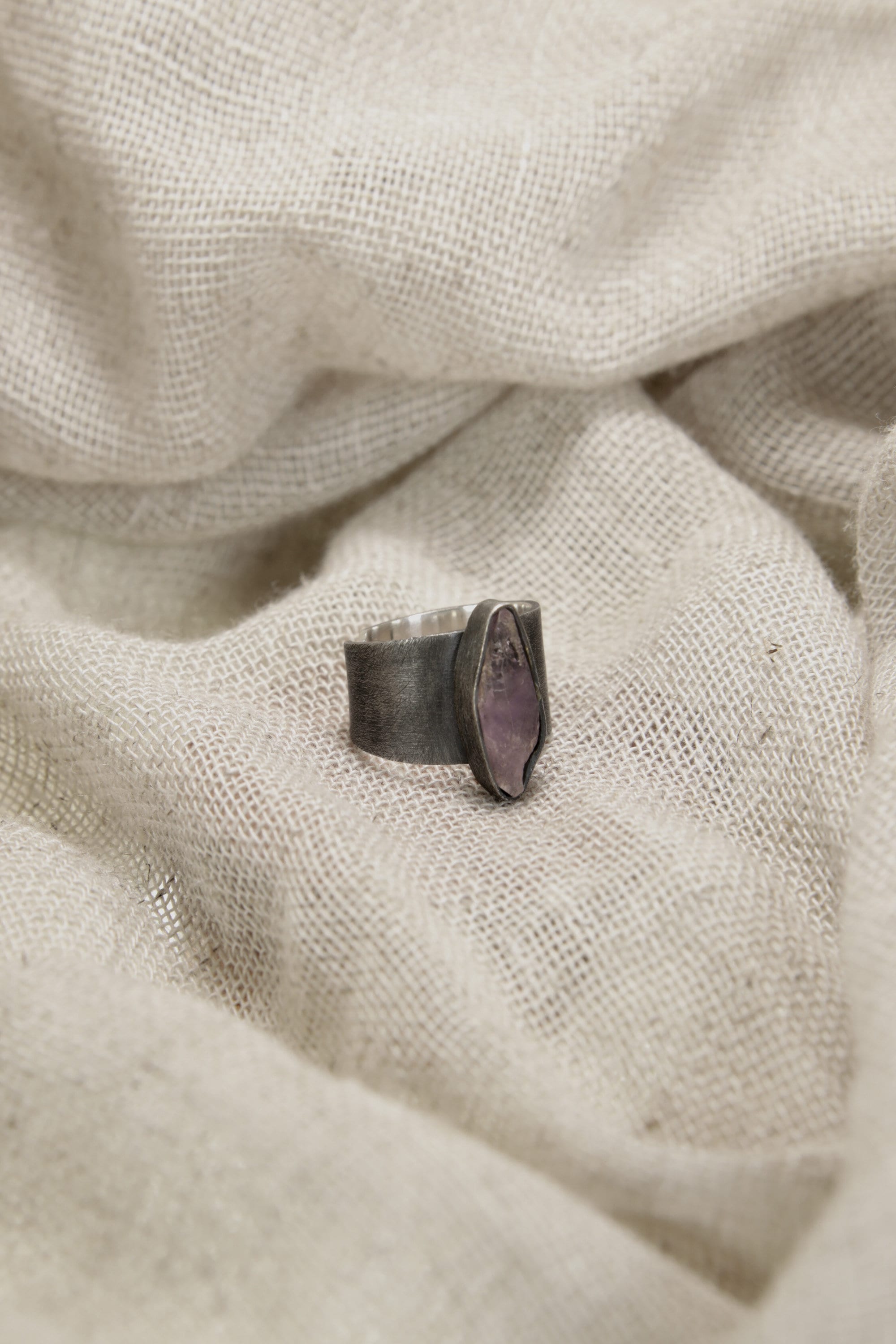 Vera Cruz Twilight: Adjustable Sterling Silver Ring with Vera Cruz Amethyst - Brush Textured - Unisex - Size 5-10 US - NO/08