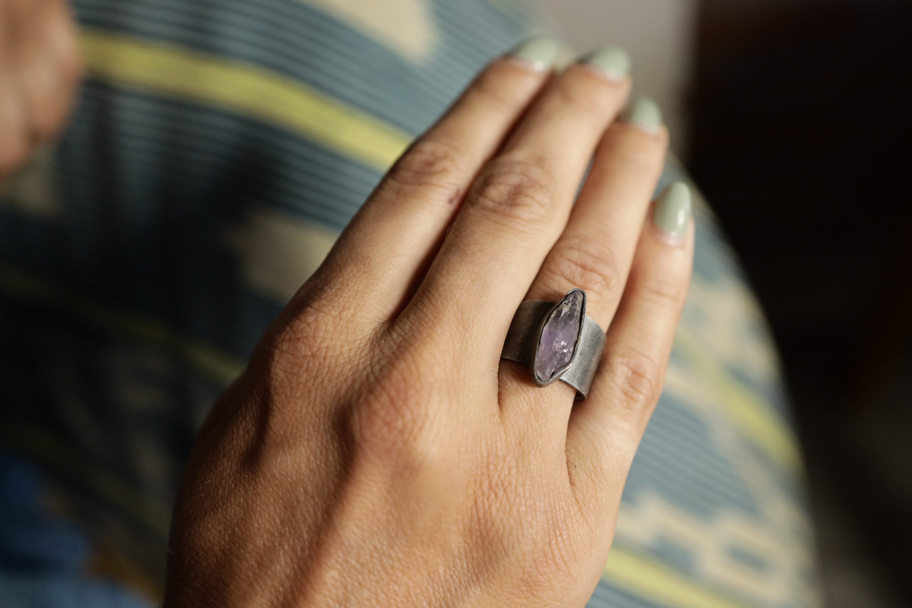 Vera Cruz Twilight: Adjustable Sterling Silver Ring with Vera Cruz Amethyst - Brush Textured - Unisex - Size 5-10 US - NO/08