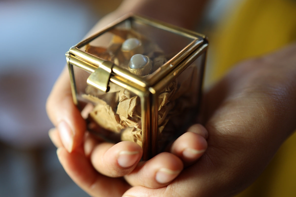 Compact Handcrafted Charm: Small Square Premium Gem Display Box with Gold-Toned Brass - Ideal for Elegant Jewelry Presentation