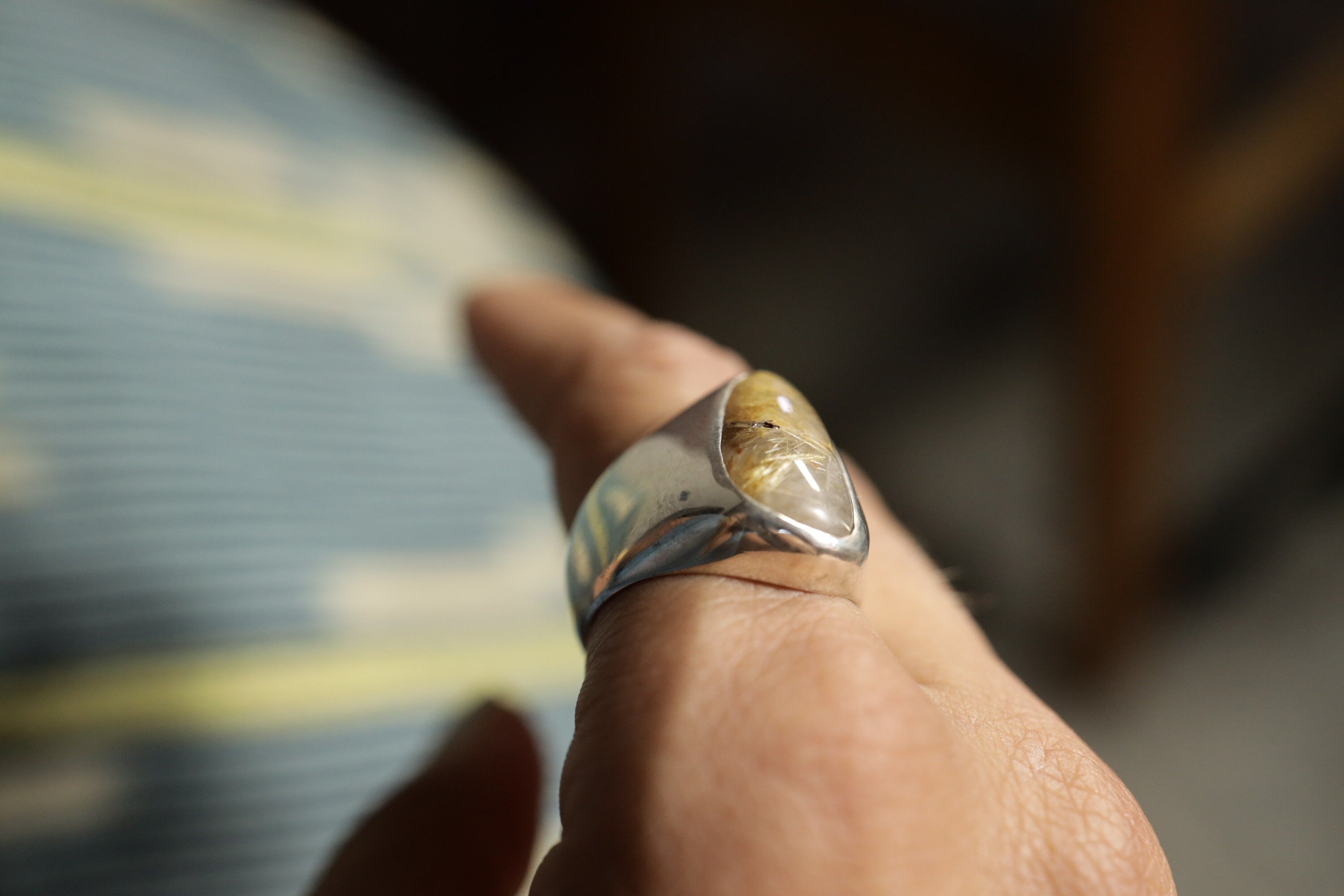 Sterling Silver Hollow Ring, Golden Rutile Quartz Cabochon, Size 11 US, Unisex Modern Design, Sleek and Stylish Jewelry, Unique Gift