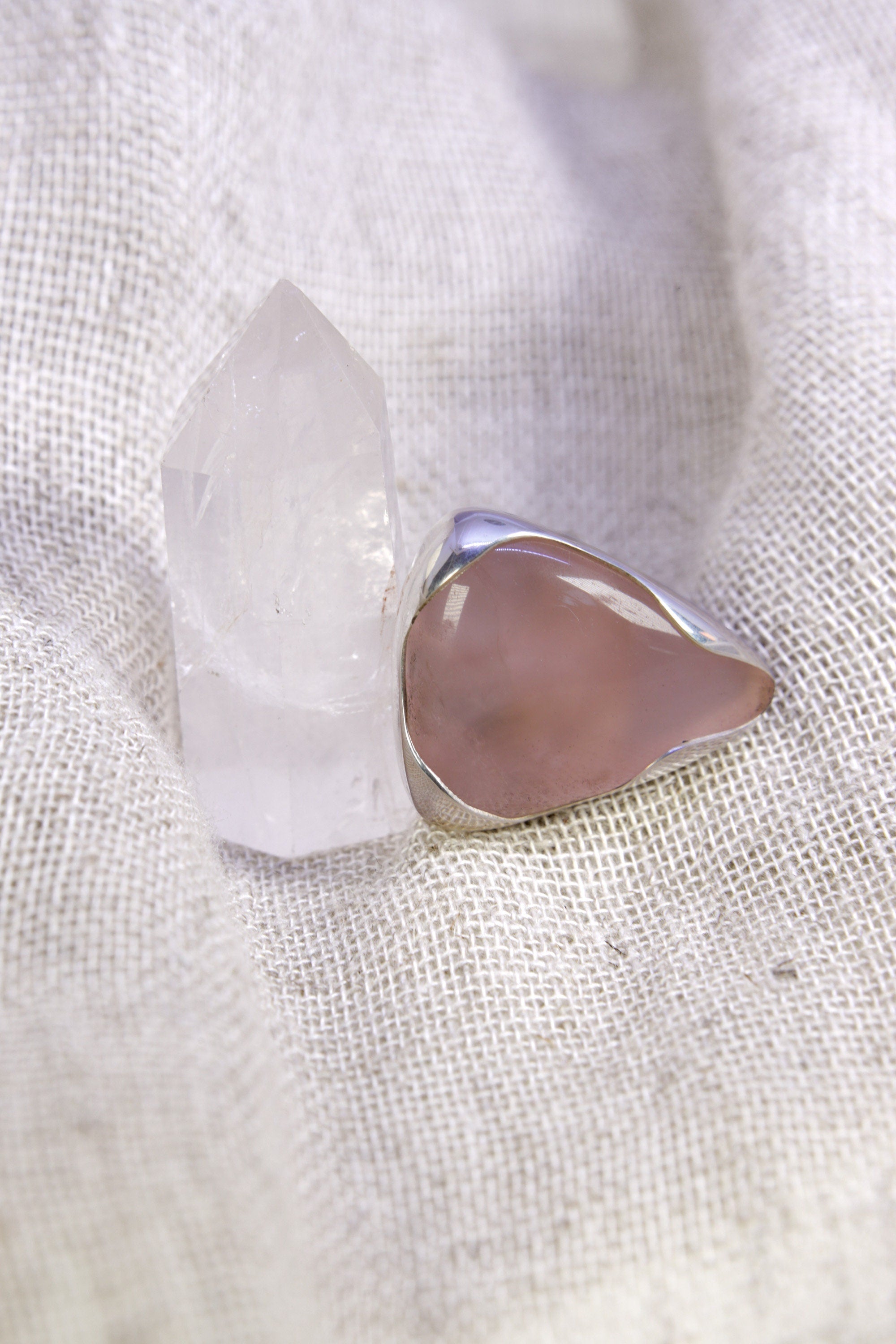 A Robust Embrace of Gentle Harmony: Adjustable Sterling Silver Ring with Triangular Rose Quartz - Unisex - Size 5-10 US