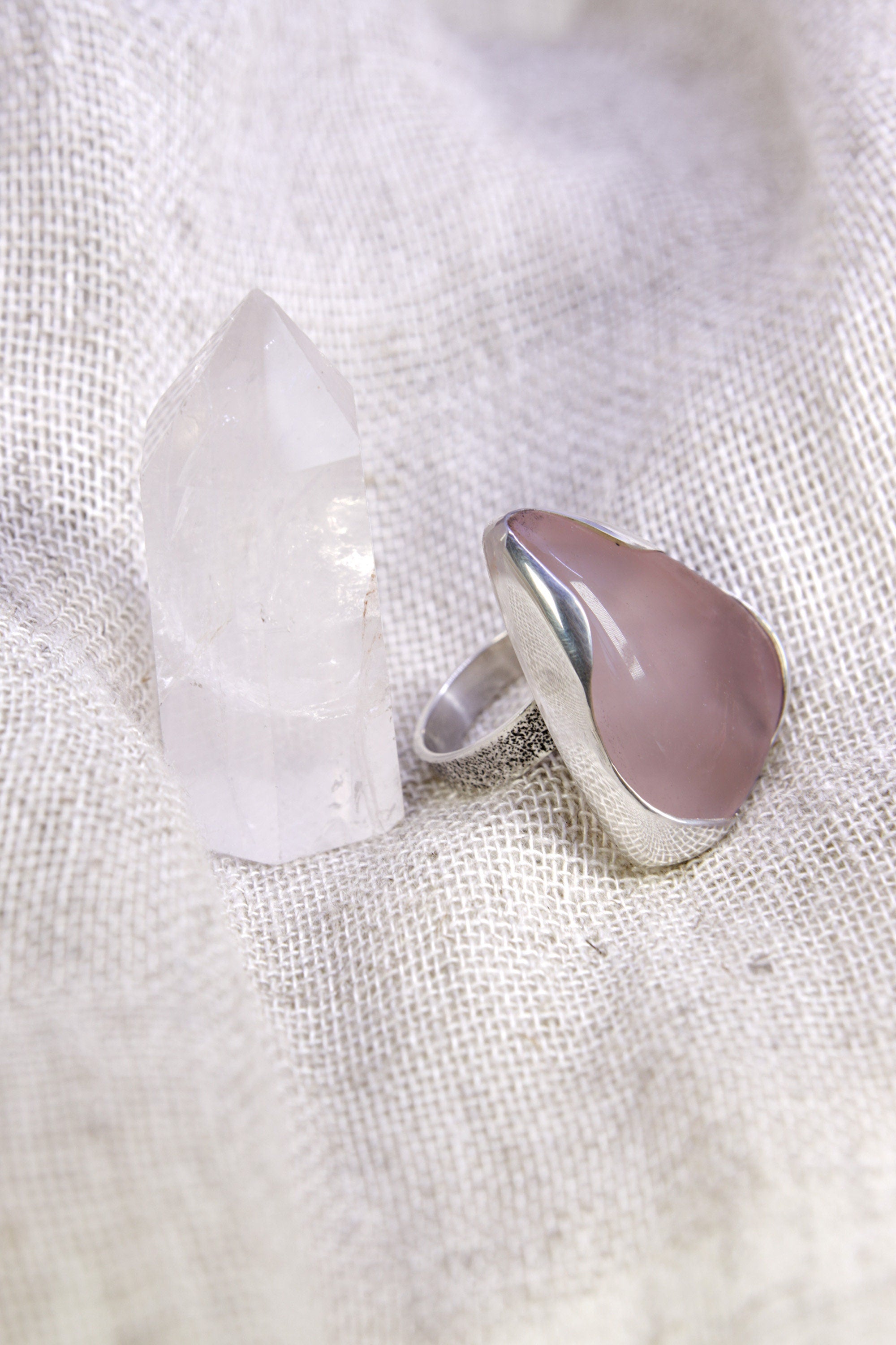 A Robust Embrace of Gentle Harmony: Adjustable Sterling Silver Ring with Triangular Rose Quartz - Unisex - Size 5-10 US