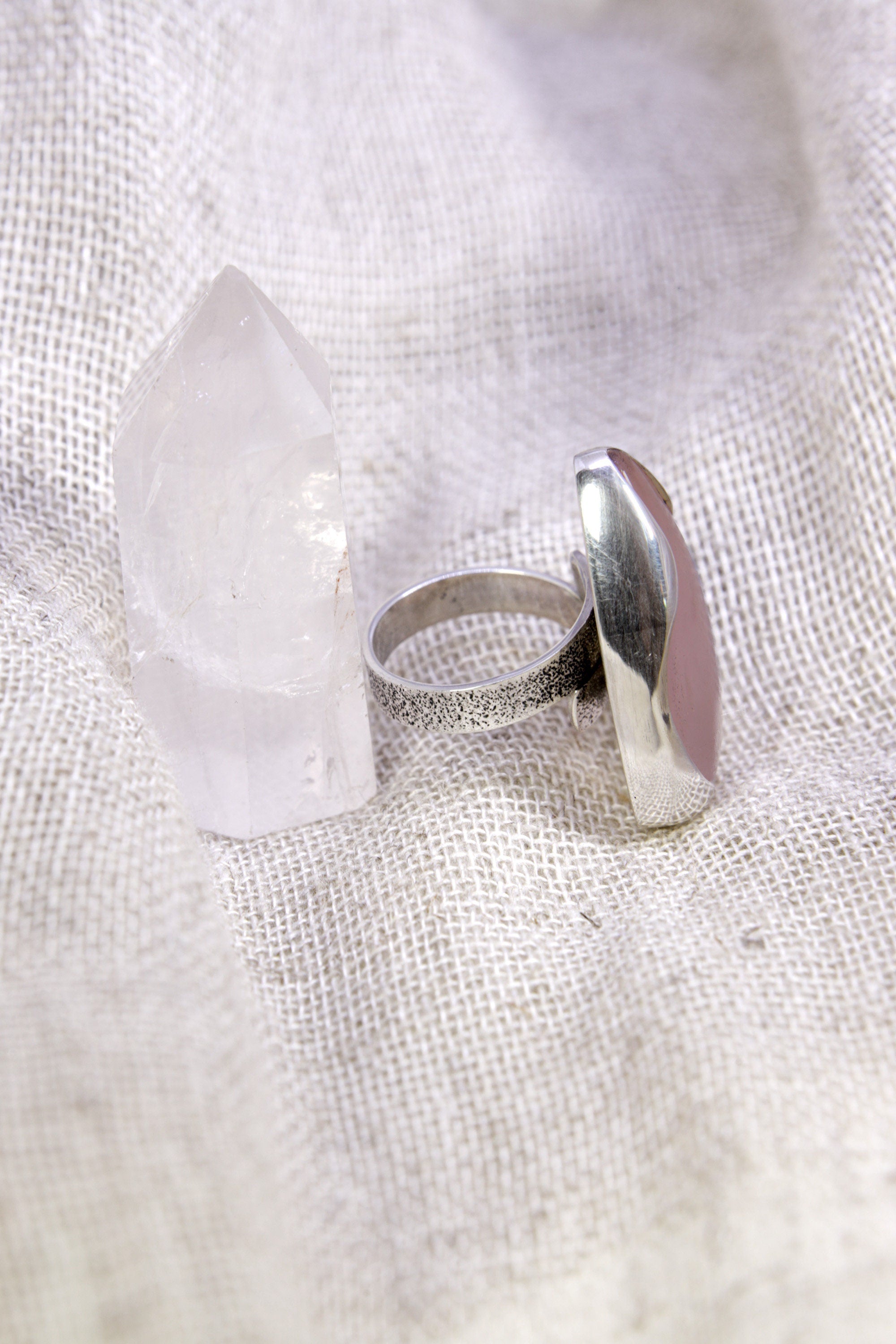 A Robust Embrace of Gentle Harmony: Adjustable Sterling Silver Ring with Triangular Rose Quartz - Unisex - Size 5-10 US