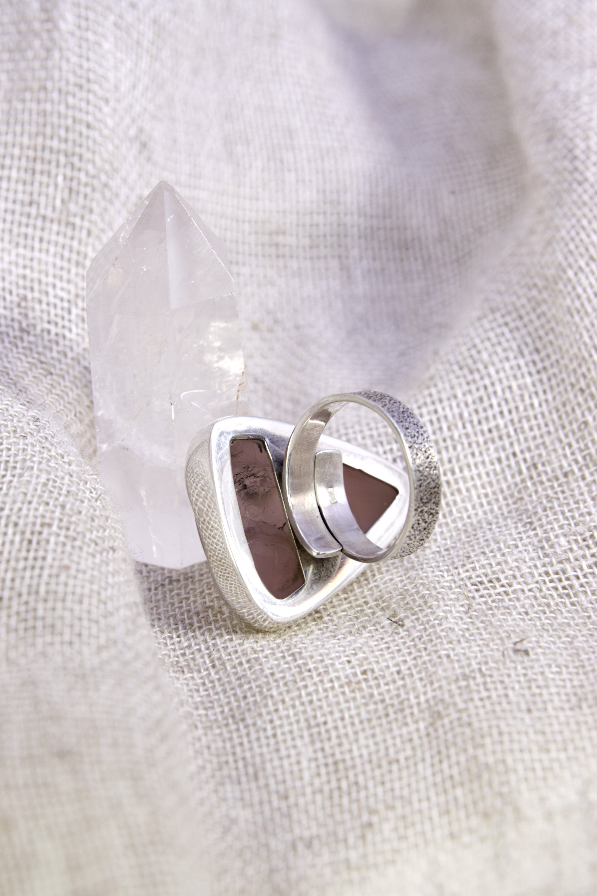 A Robust Embrace of Gentle Harmony: Adjustable Sterling Silver Ring with Triangular Rose Quartz - Unisex - Size 5-10 US