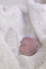 A Sturdy Embrace of Gentle Love: Adjustable Sterling Silver Ring with Raw Rose Quartz - Unisex - Size 5-10 US