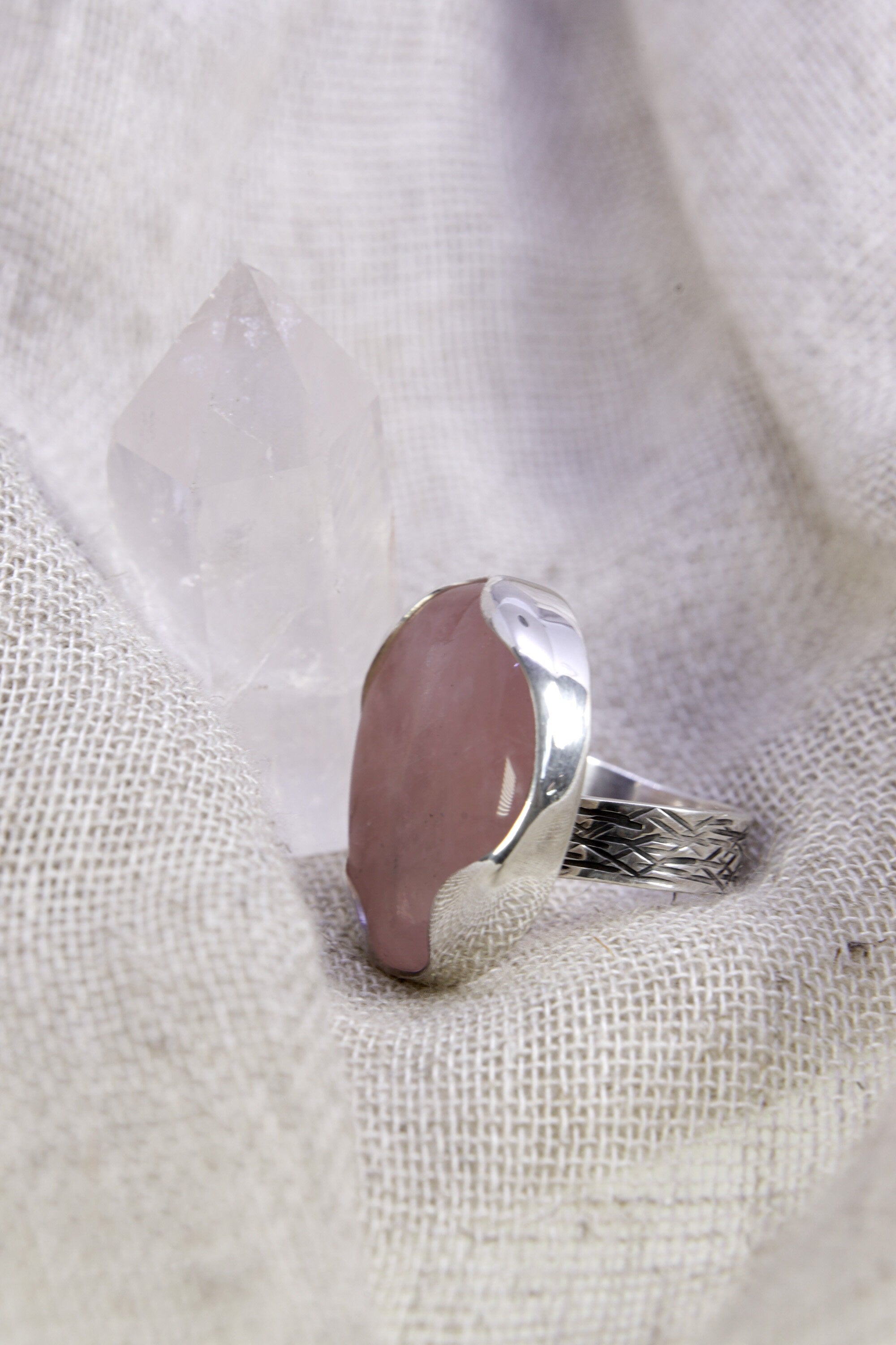 A Sturdy Embrace of Gentle Love: Adjustable Sterling Silver Ring with Raw Rose Quartz - Unisex - Size 5-10 US