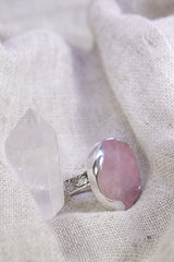 A Sturdy Embrace of Gentle Love: Adjustable Sterling Silver Ring with Raw Rose Quartz - Unisex - Size 5-10 US