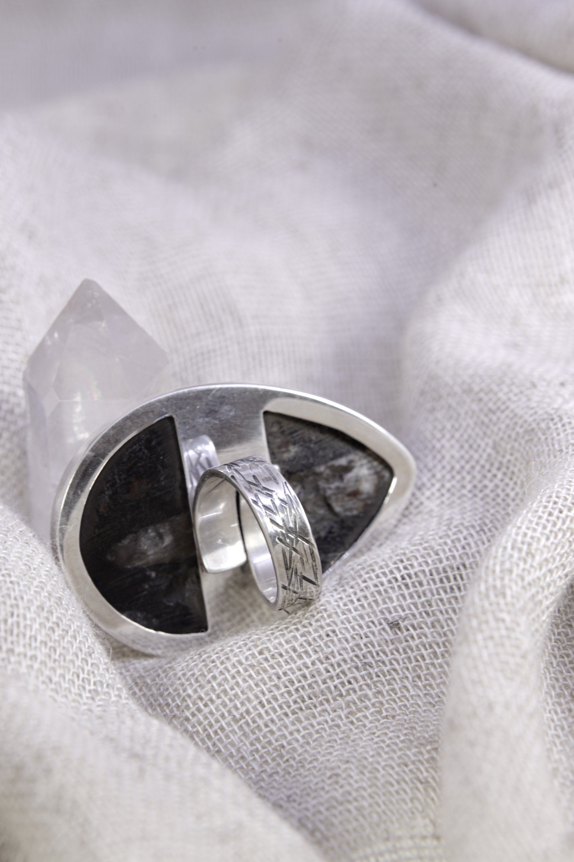 A Sturdy Embrace of Ancient Mysteries and Modern Craft: Adjustable Sterling Silver Ring with Fossil - Unisex - Size 5-10 US