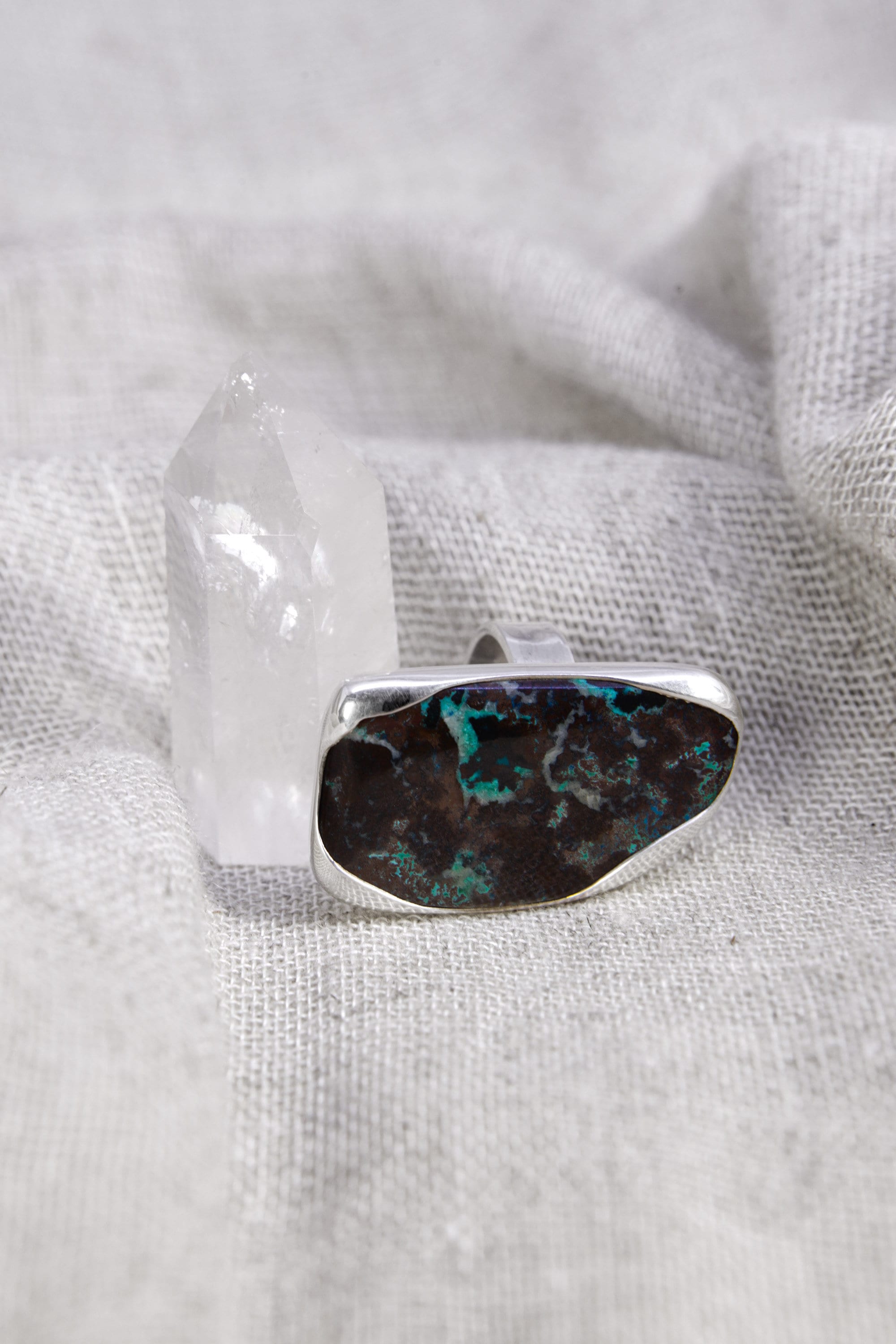 Adjustable Sterling Silver Ring with Rectangular Chrysocolla- Unisex - Size 5-10 US